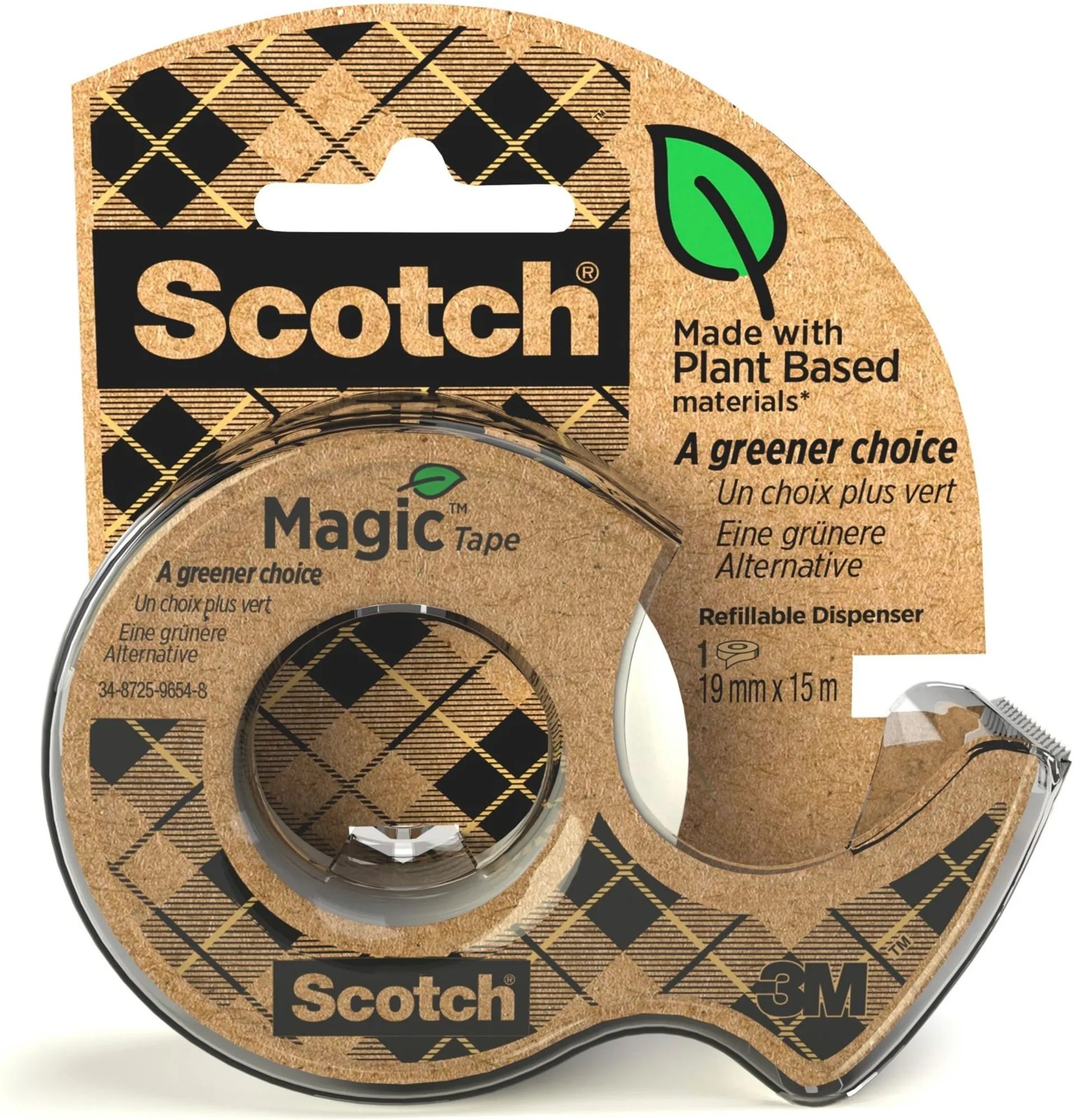 Scotch® Magic™ ekologinen teippi 19mm x 15m, 1 rulla + kierrätysmateriaalista valmistettu pidike