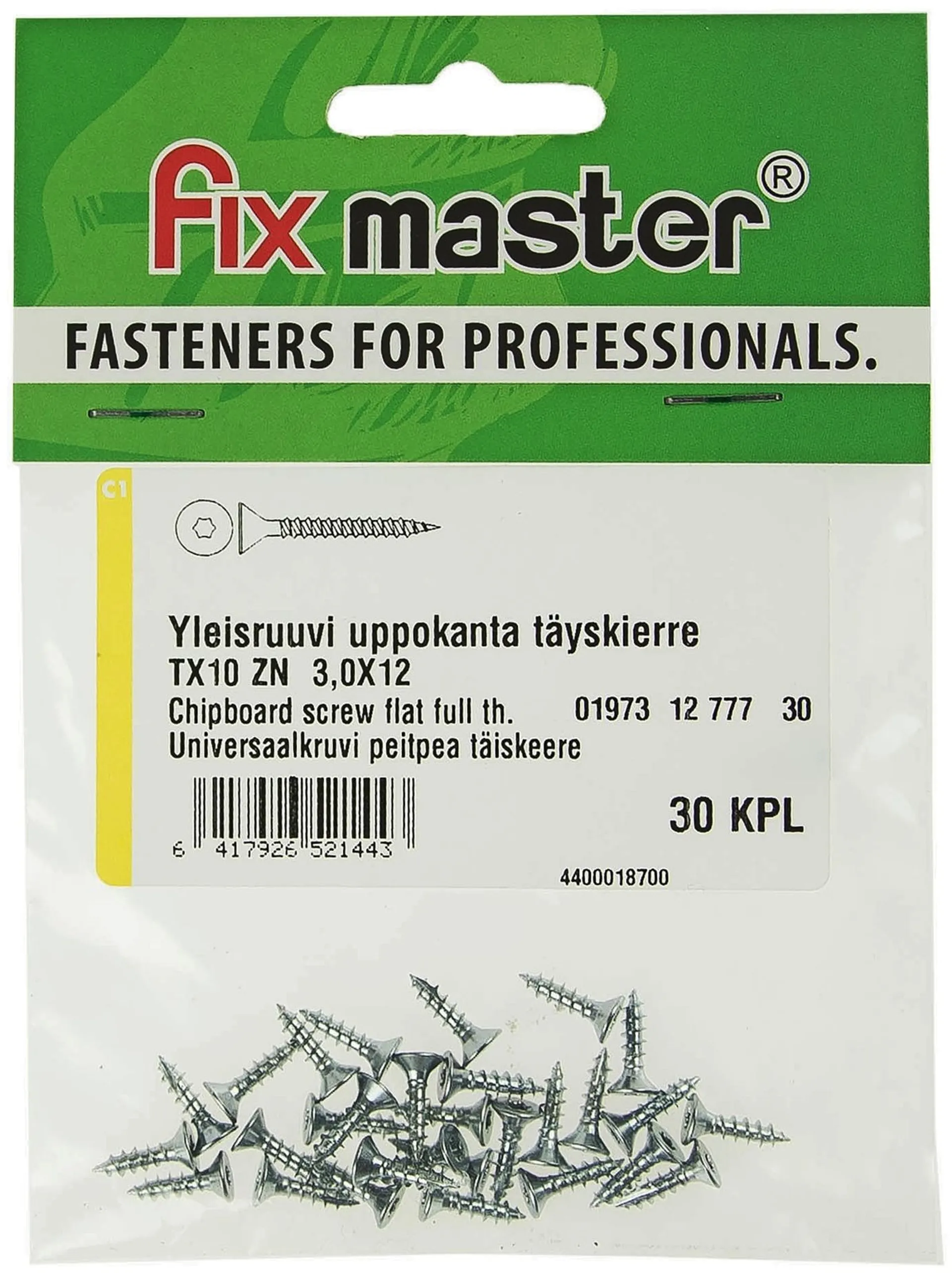 Fix Master yleisruuvi uppokanta täyskierre torx10 3,0X12 sinkitty 30kpl