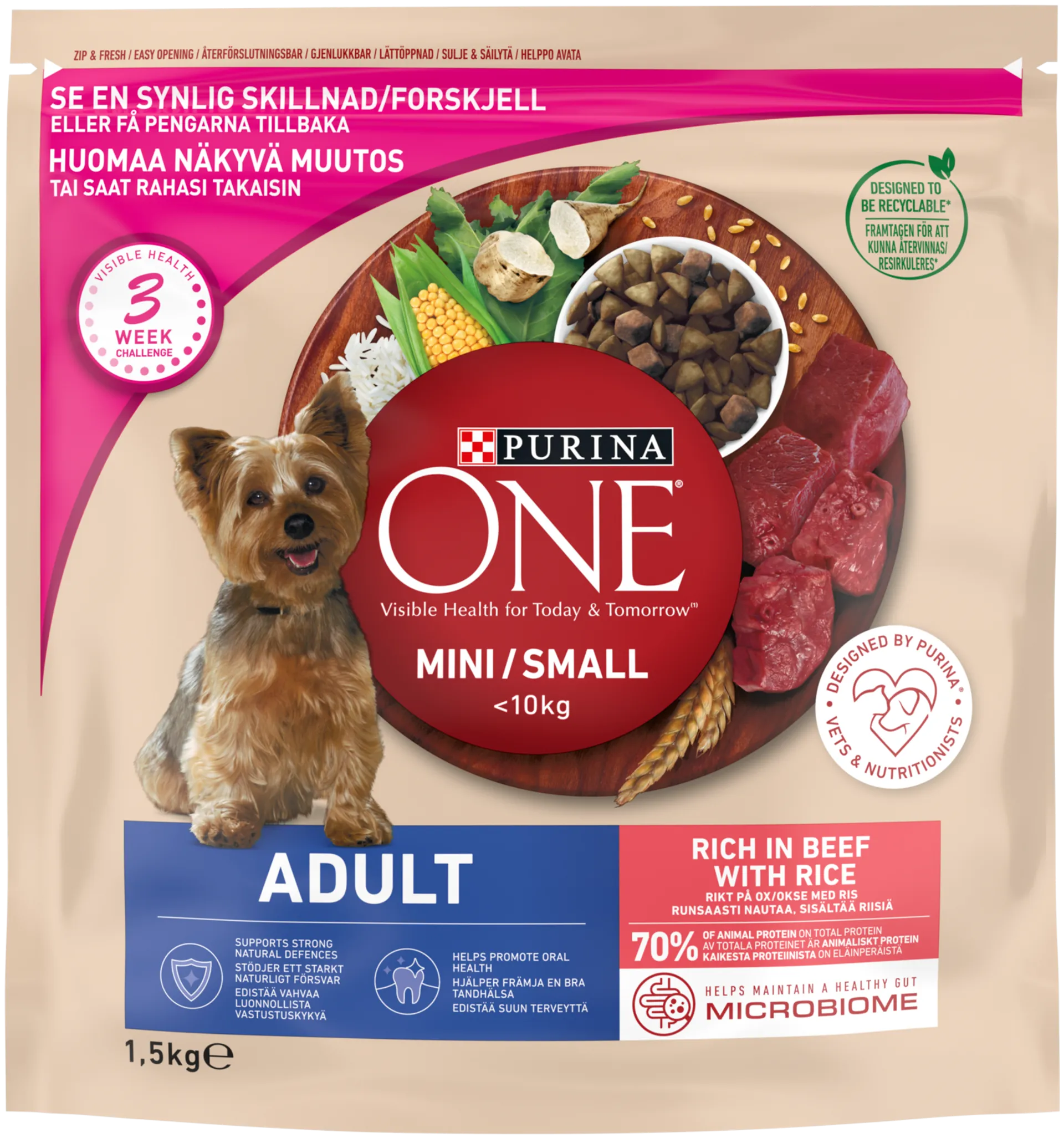 Purina ONE 1,5kg Small Dog <10kg Adult Runsaasti Nautaa, sisältää Riisiä koiranruoka