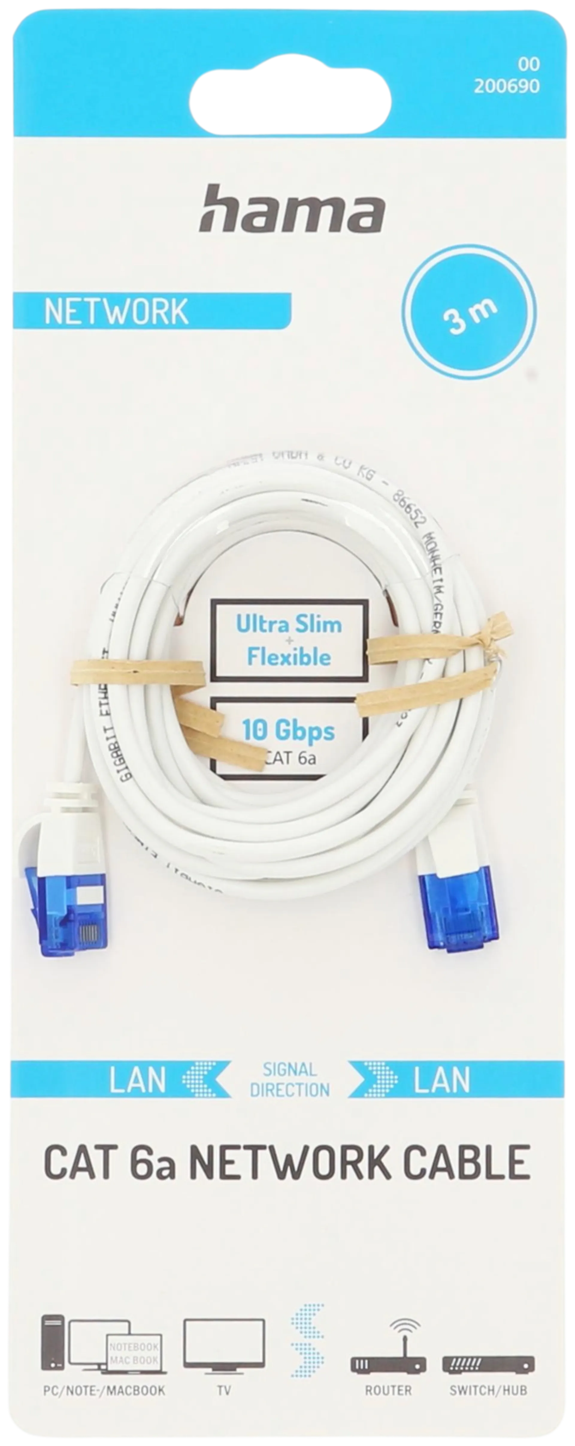 Hama Verkkokaapeli, CAT6a, U/UTP, 10 Gbit/s, Flexi-slim, 3,0 m - 3