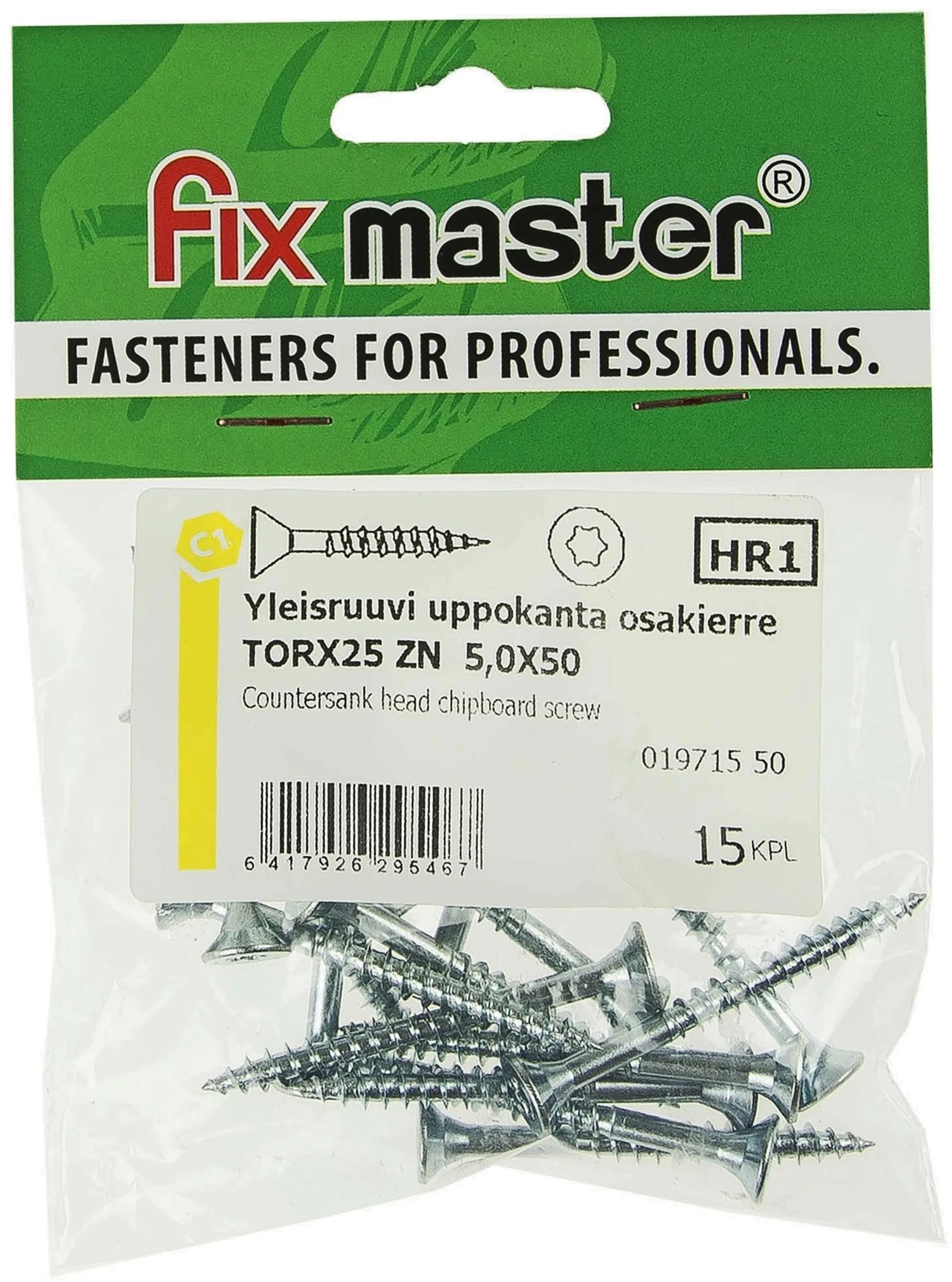 Fix Master yleisruuvi uppokanta osakierre 5X50 torx25 sinkitty 15kpl