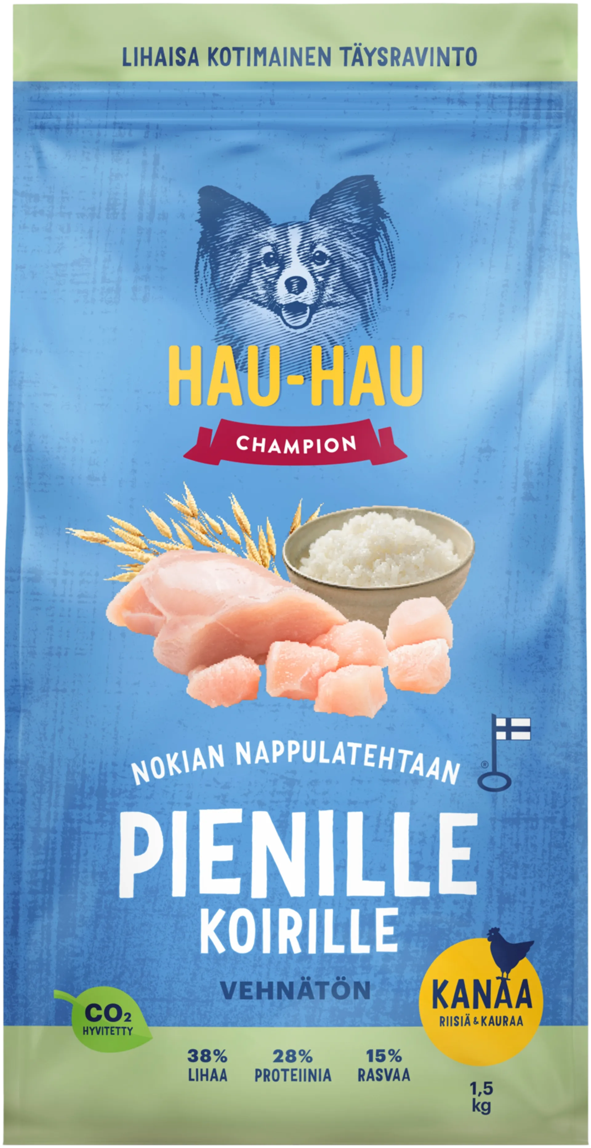 Hau-Hau Champion Nokian Nappulatehtaan Kanaa, riisiä & kauraa täysravinto pienille aikuisille koirille 1,5 kg