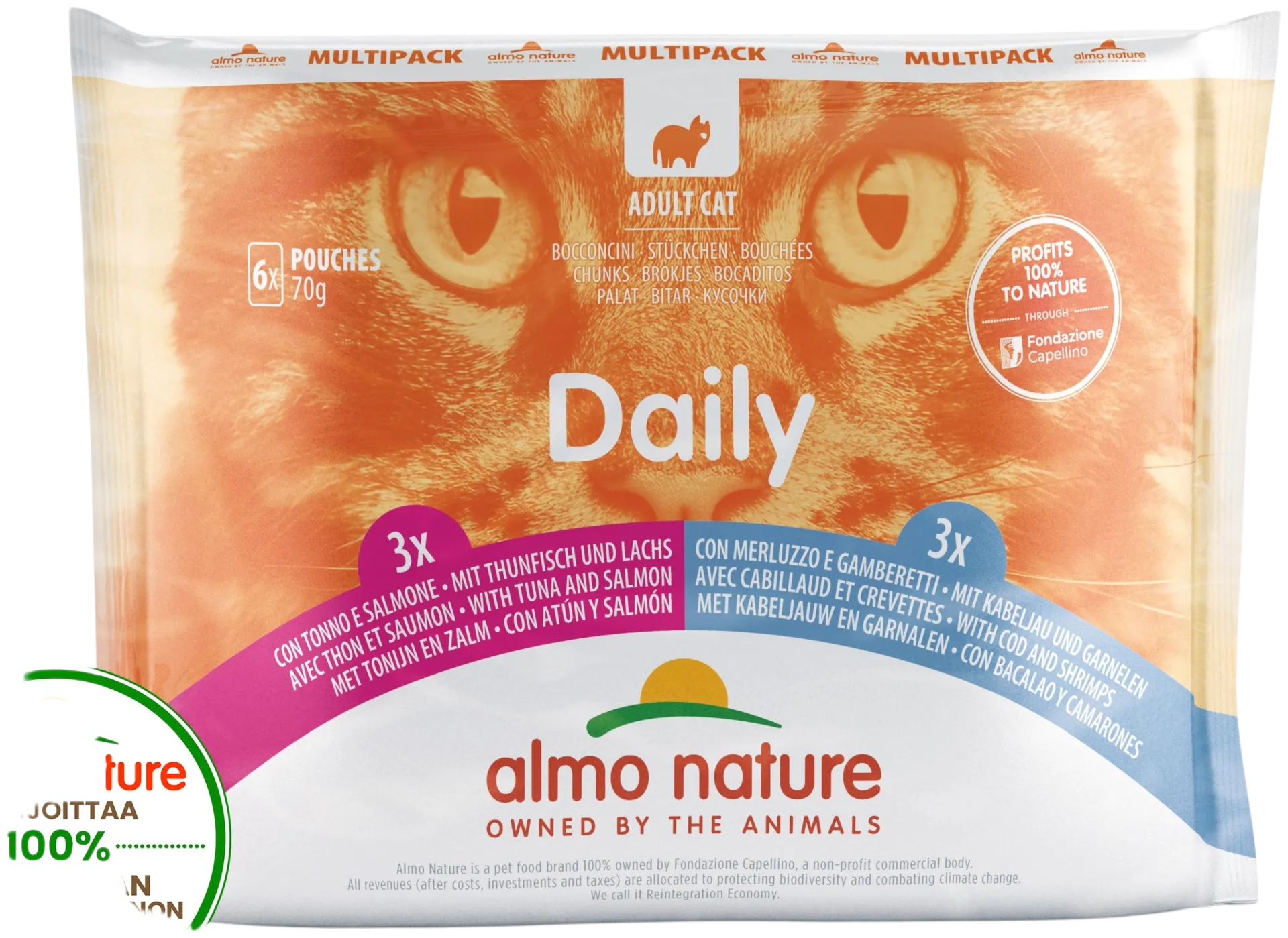 Almo Nature Daily multipack kissan täysravinto tonnikala-lohi & turska-katkarapu 6 x 70 g - 1