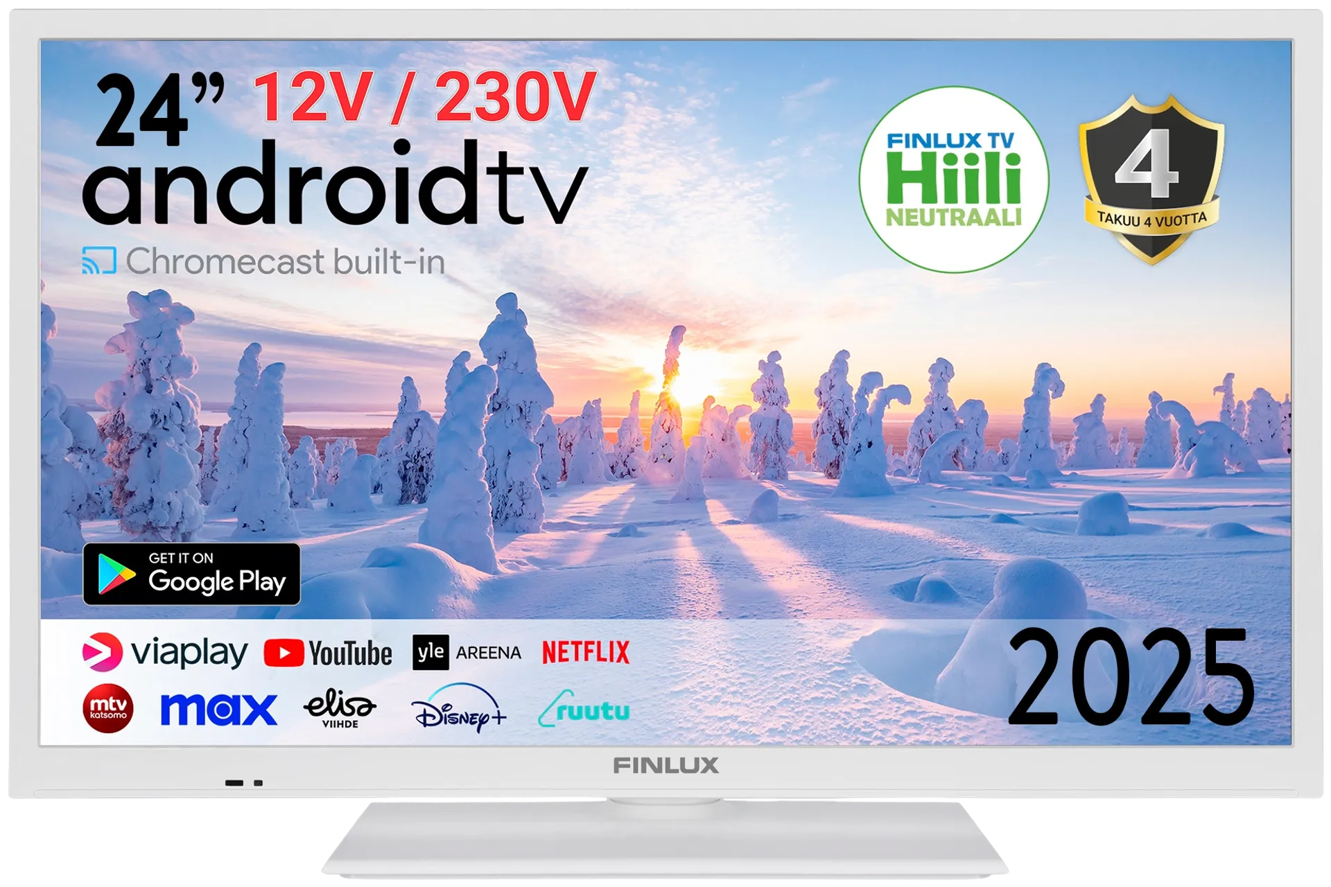 Finlux 24" HD Ready Android Smart LED TV 12V sekä 230V käyttöjännitteellä 24M7.2WCI-12 valkoinen - 1