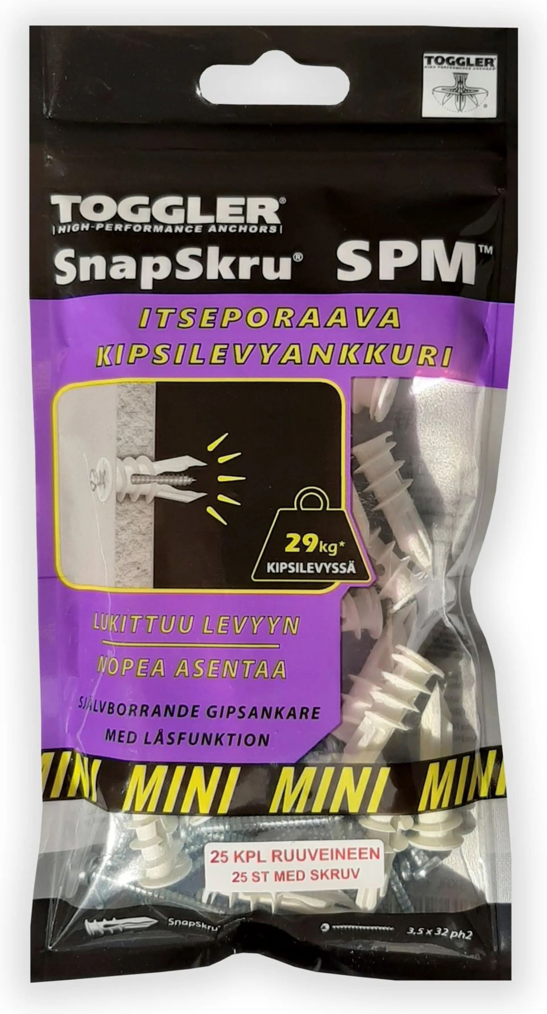 Toggler SnapSkru SP5-25 kipsilevyankkuri SPM MINI 25kpl + ruuvit - 1