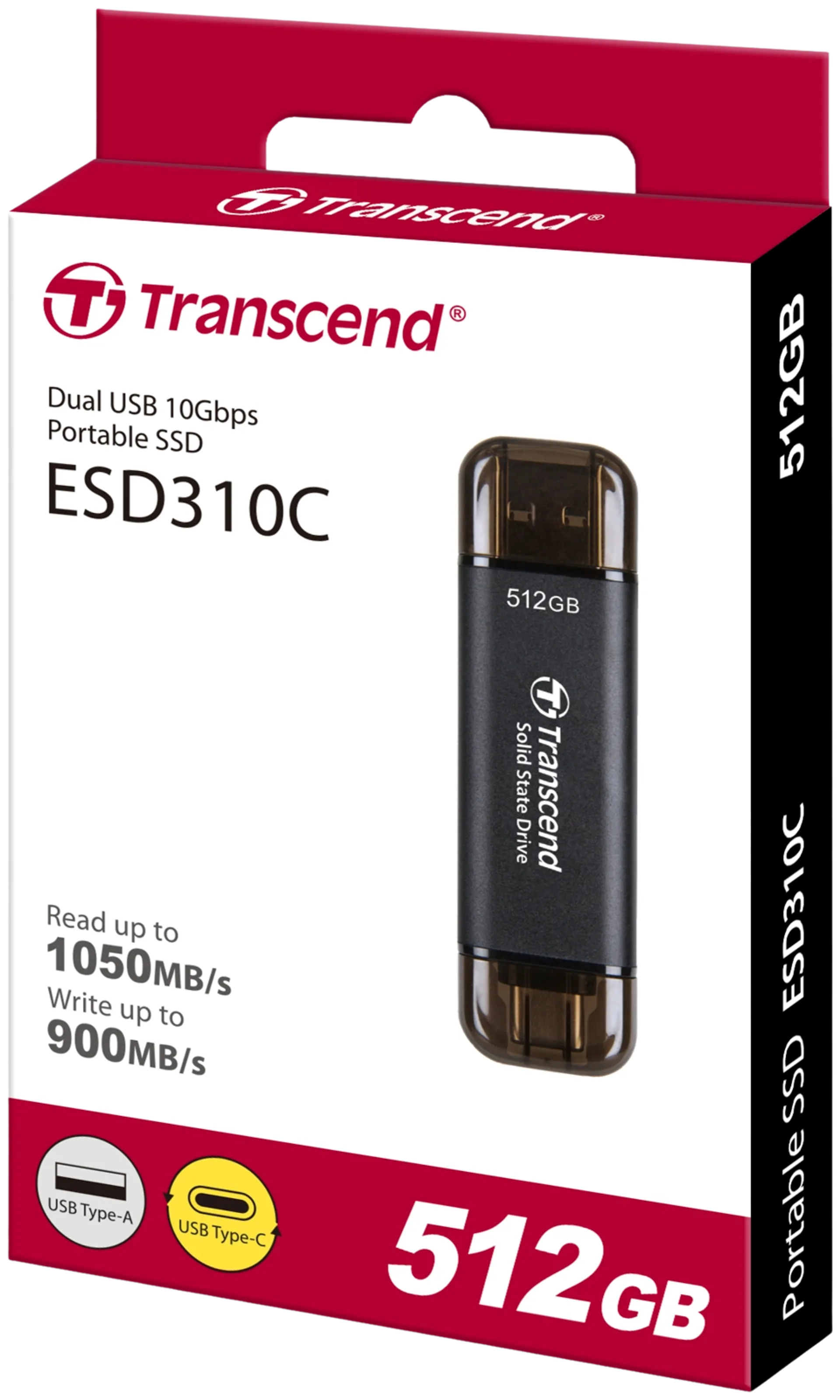 Transcend ESD310C Ulkoinen SSD muisti 512GB USB Type-C ja Type-A, siirtonopeus jopa 1050MB/s - 3