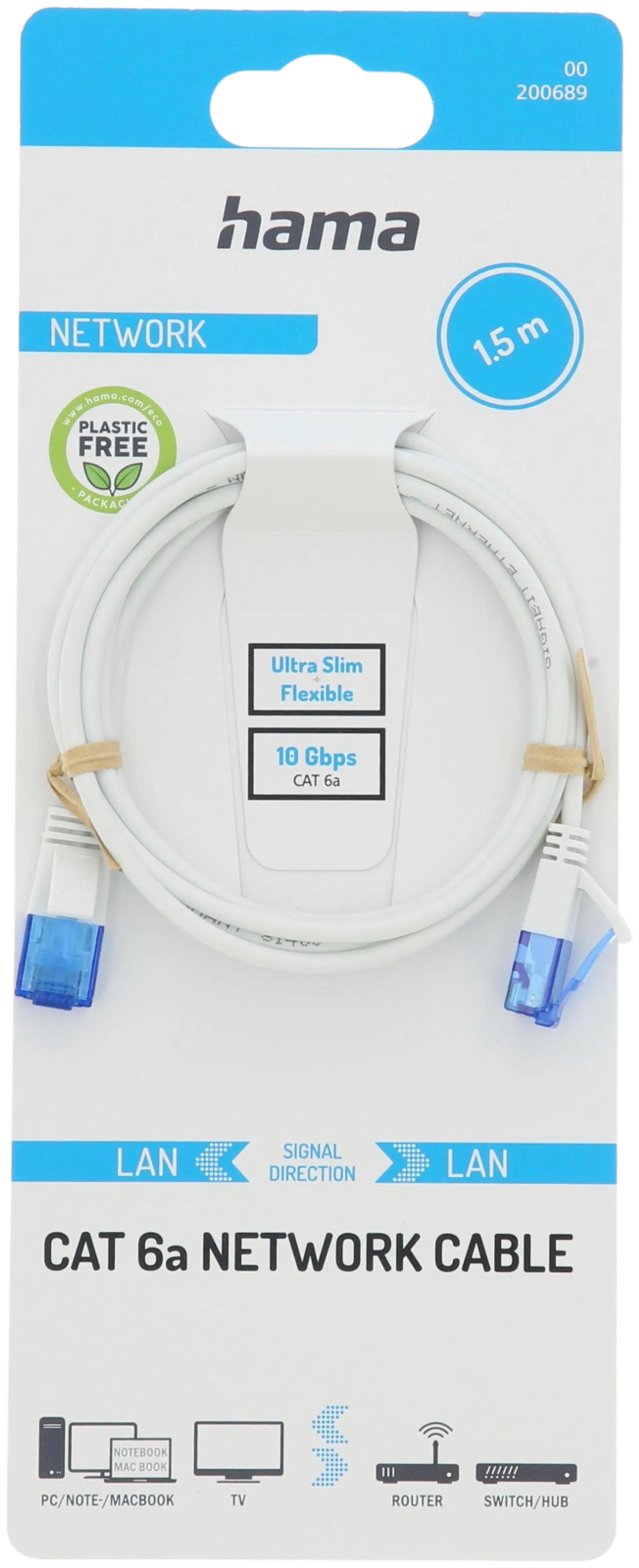 Hama Verkkokaapeli, CAT6a, U/UTP, 10 Gbit/s, Flexi-slim, 1,5 m - 3