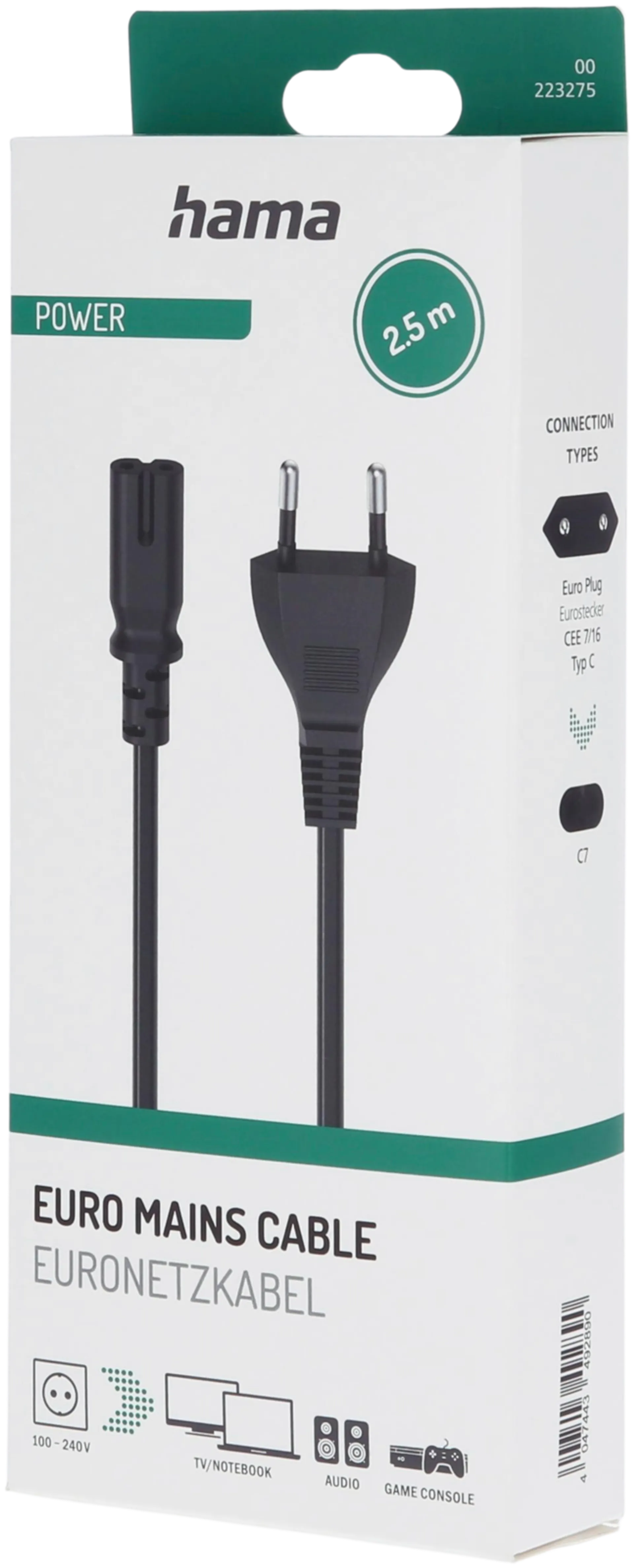 Hama Laitevirtajohto, CEE 7/16 (Type C/Euro plug) - 2-pin plug C7, 2,5 m, musta - 2