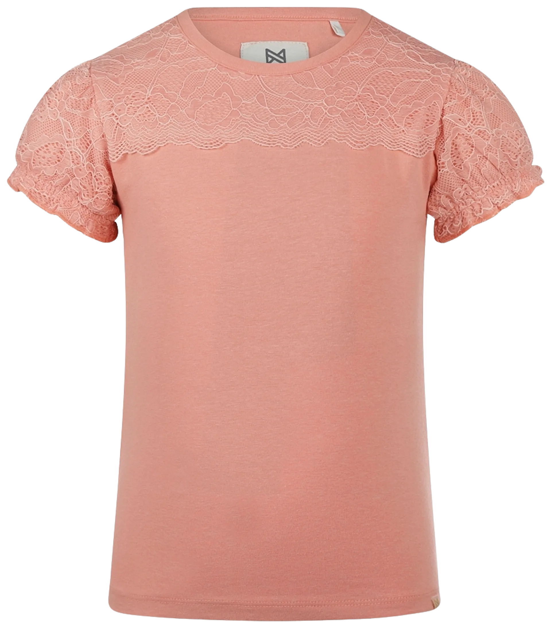 Kokonoko lasten t-paita, jossa pitsikoristeet ja puhvihihat R50984 - Coral pink - 1
