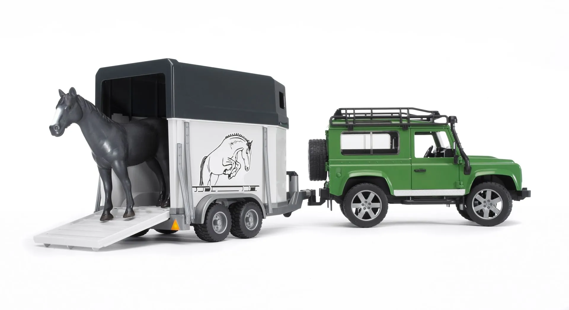 Bruder Land Rover Defender Station Wagon hevostrailerilla ja hevonen