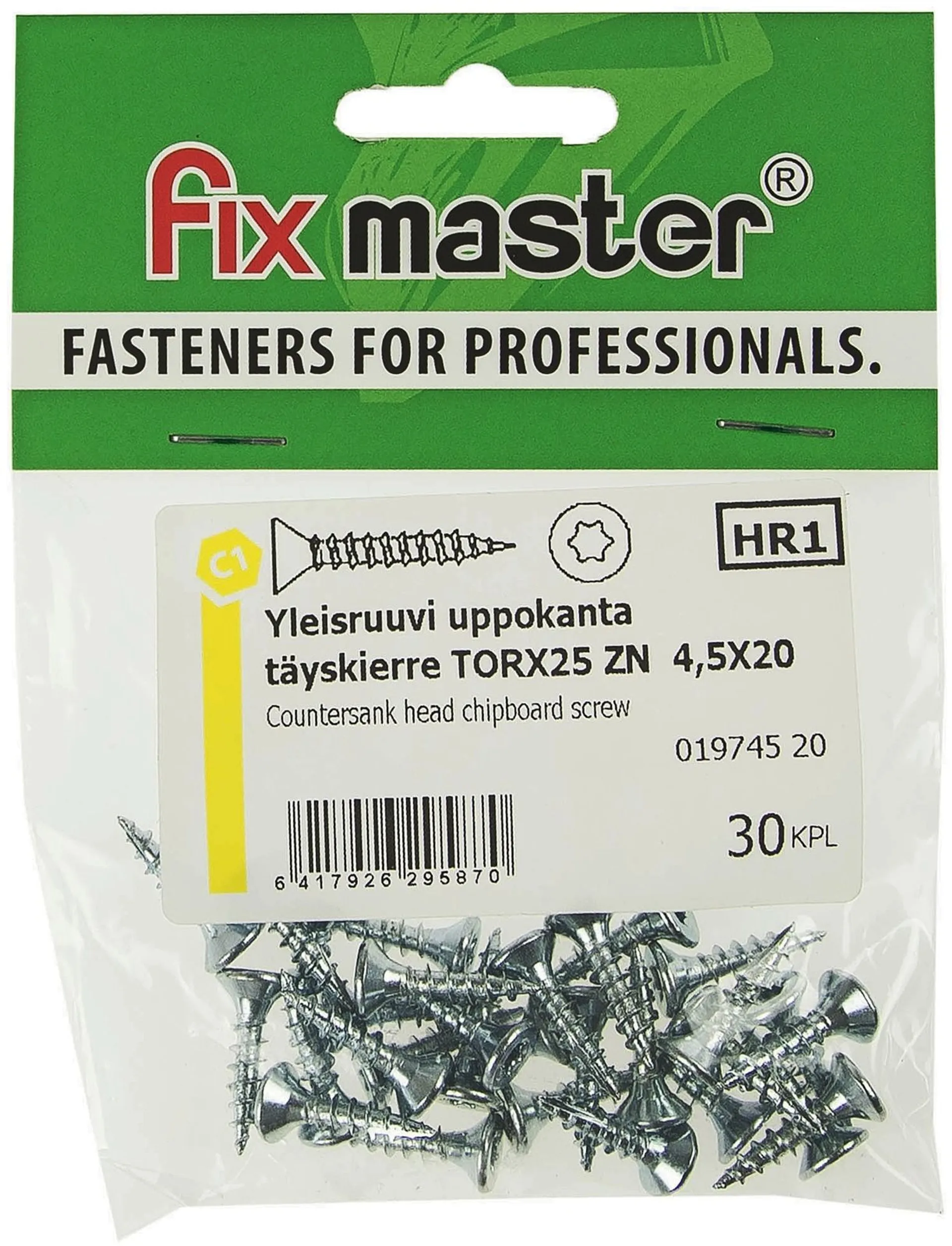 Fix Master yleisruuvi uppokanta täyskierre torx25 4,5X20 sinkitty 30kpl