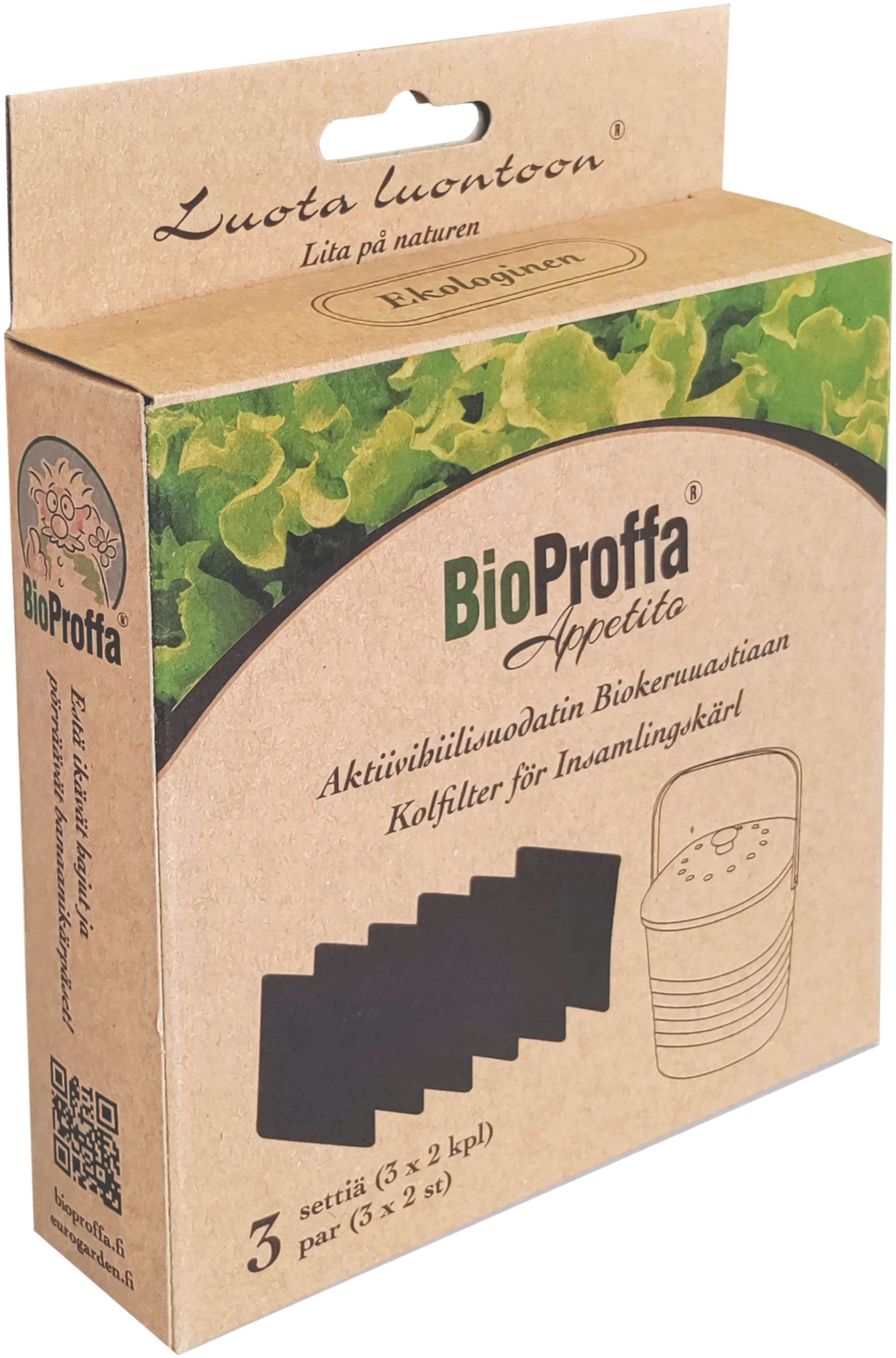 Aktiivihiilisuodatin BioProffa bambu-biokeruuastiaan, pakkaus sisältää 3 settiä suodattimia, setissä on 2 kpl suodattimia