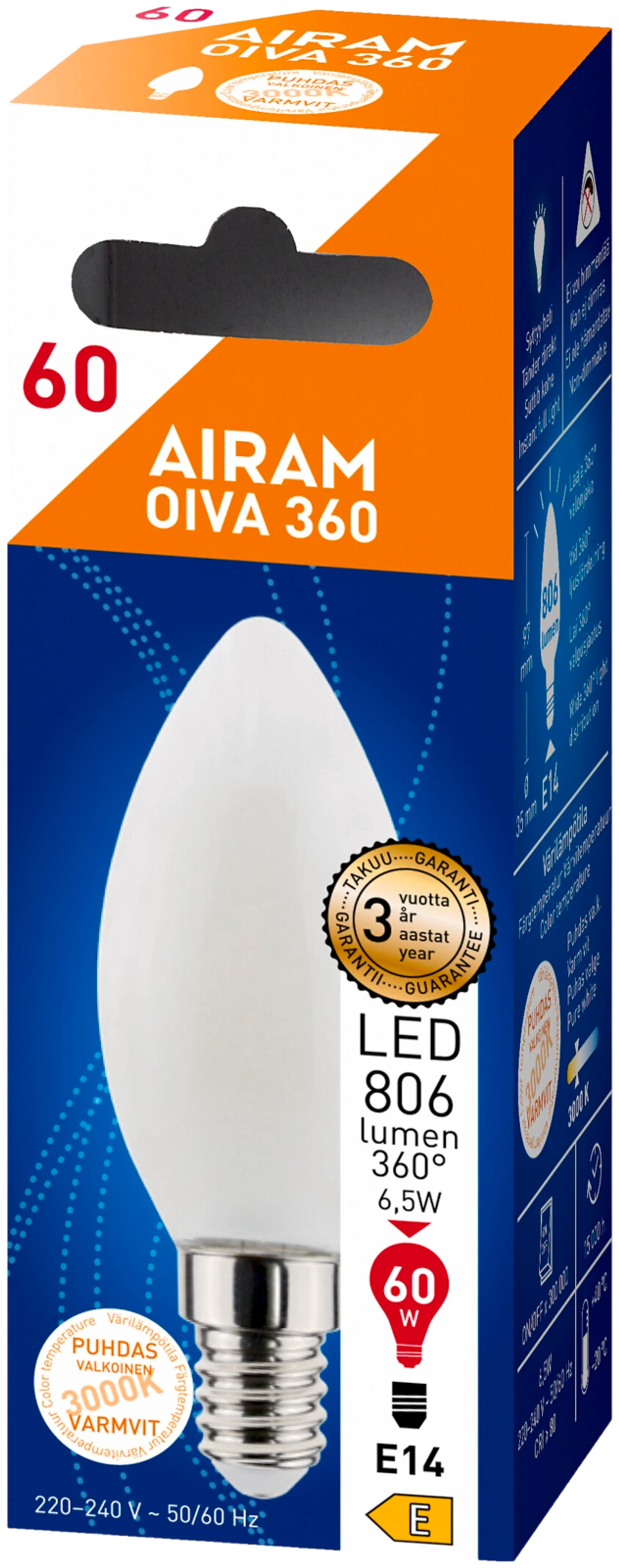 Airam LED OIVA Kynt. 6W 806lm 3000K E14 - 2