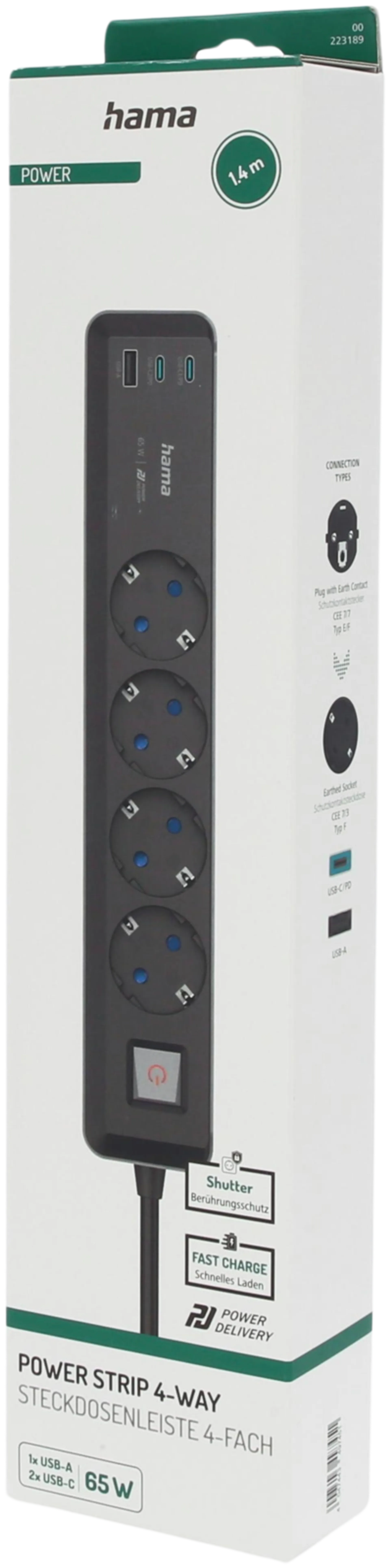 Hama Jatkojohto, 4-paikkainen, PowerDelivery, USB-C/-A 65 W, kytkimellä, 1,4 m - 5