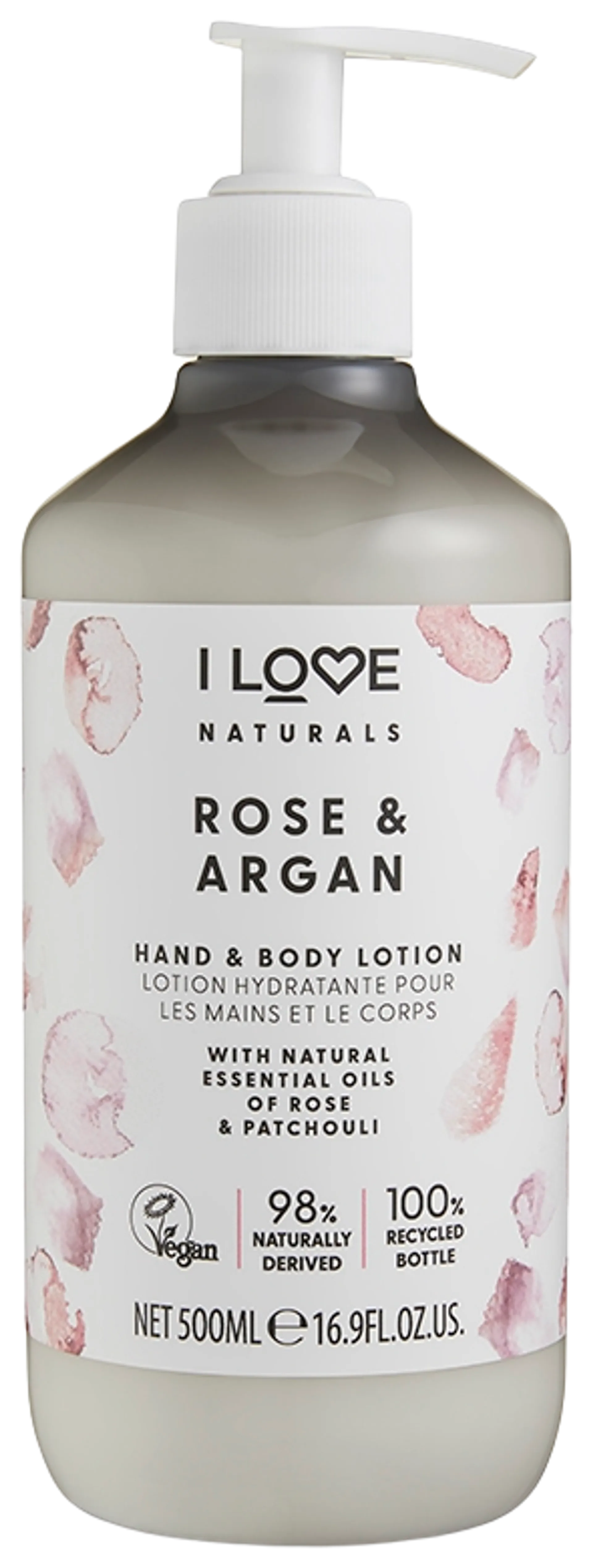 I Love Naturals käsi- ja vartalovoide Ruusu & Argan 500ml