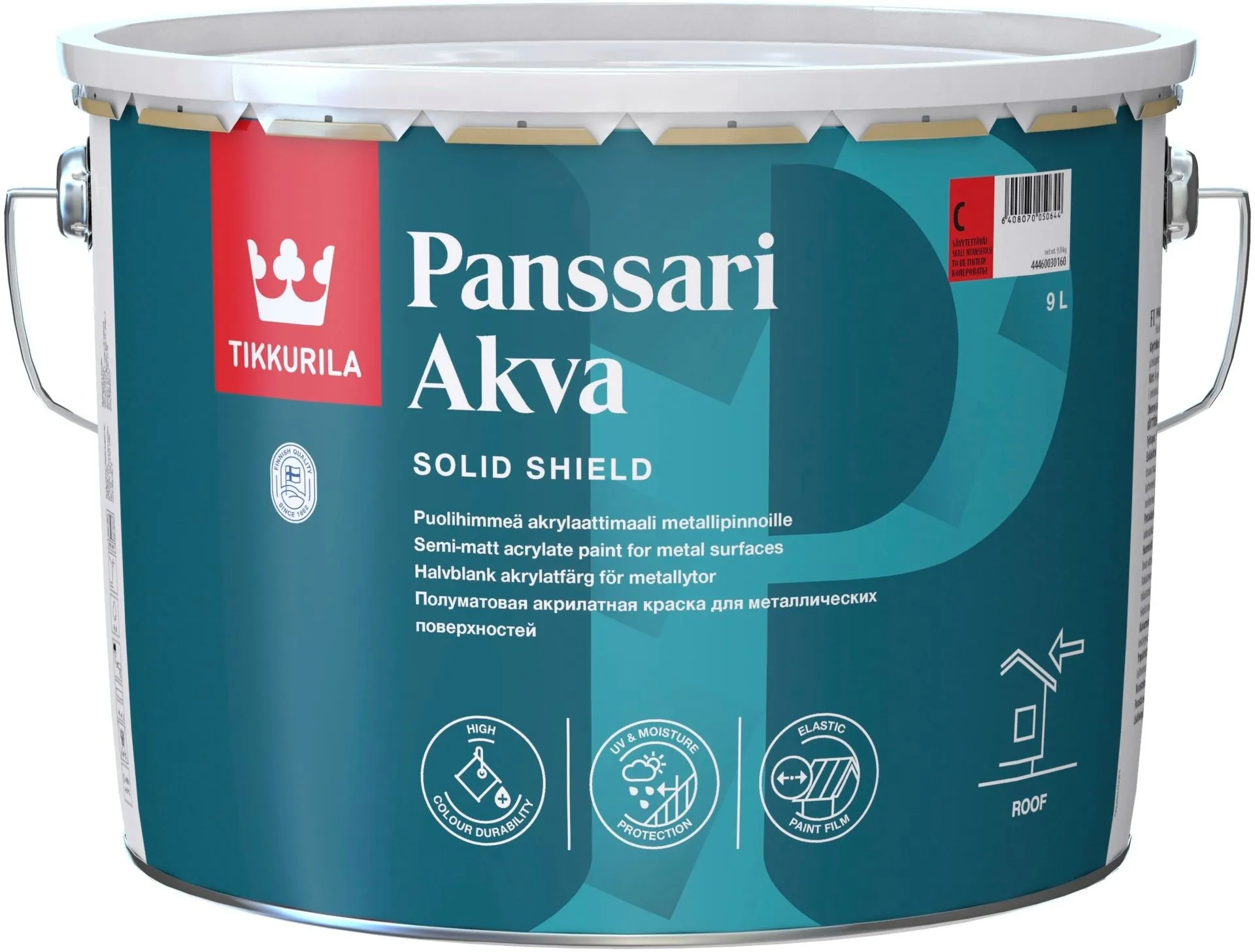 Tikkurila Panssari Akva akrylaattimaali metallipinnoille 9l A valkoinen sävytettävissä puolihimmeä