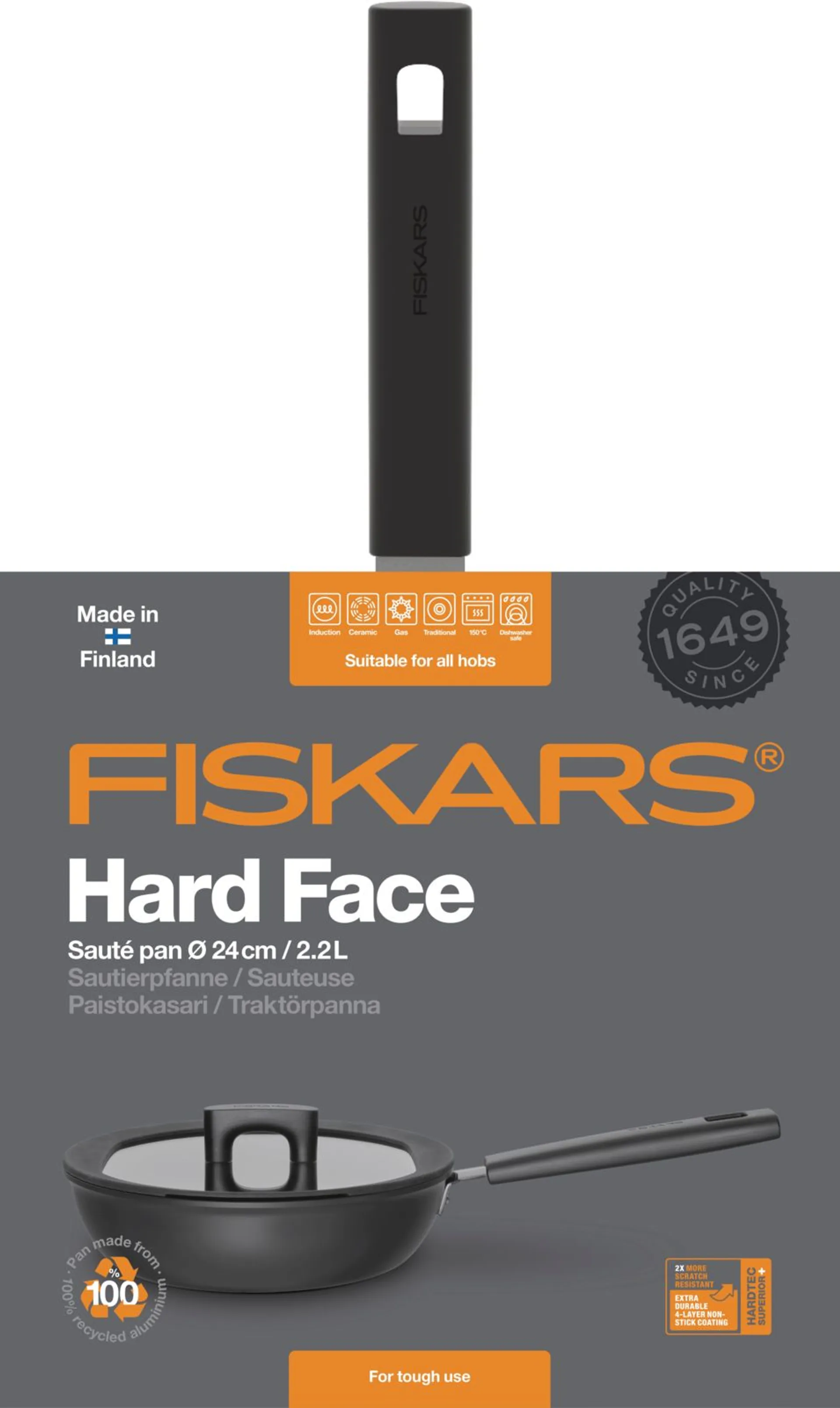 Fiskars Hard Face 24cm paistokasari kannella - 2