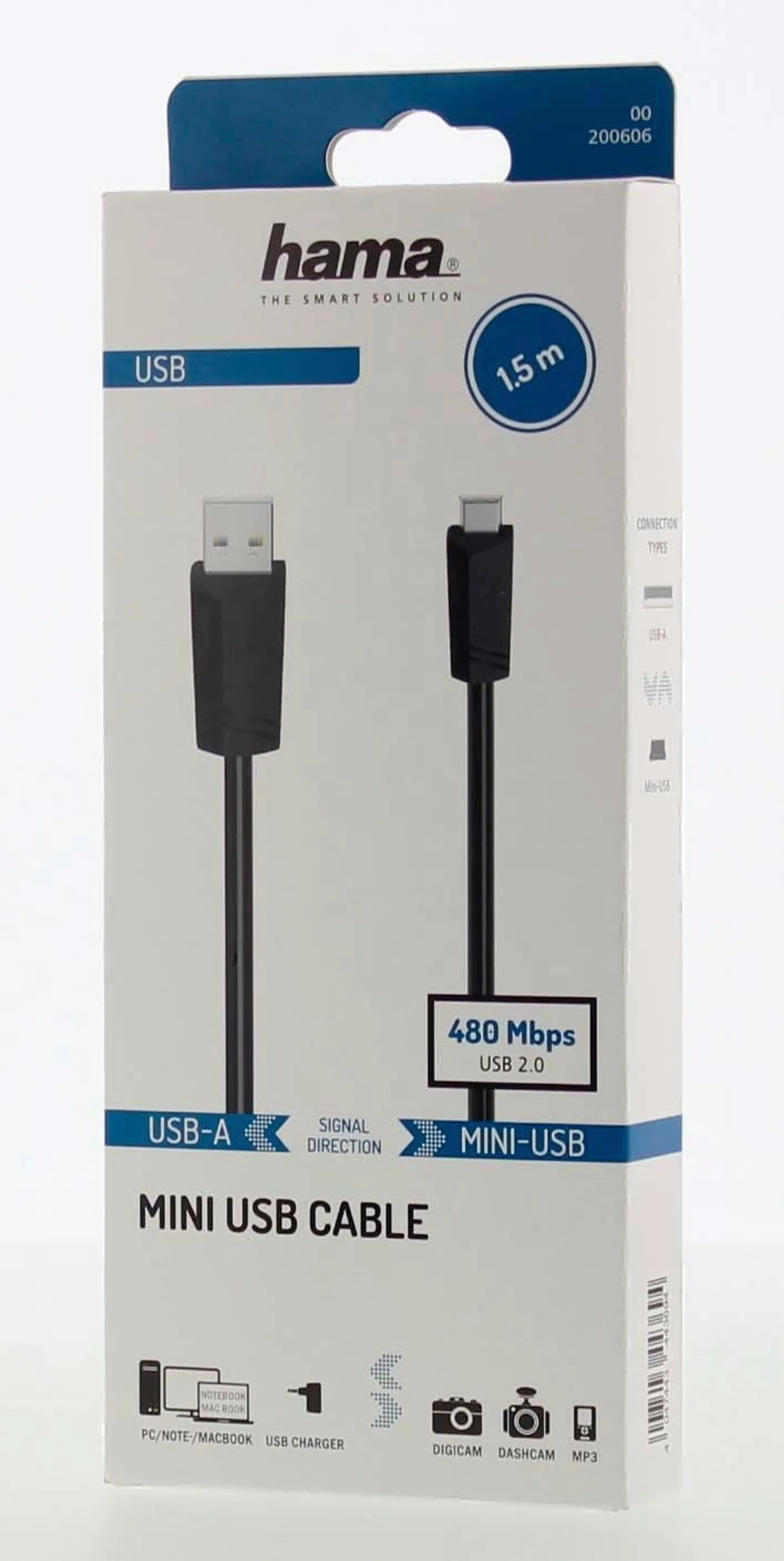 Hama USB-kaapeli, USB-A uros - Mini-USB uros, USB 2.0, 480 Mbit/s, 1,5 m - 2