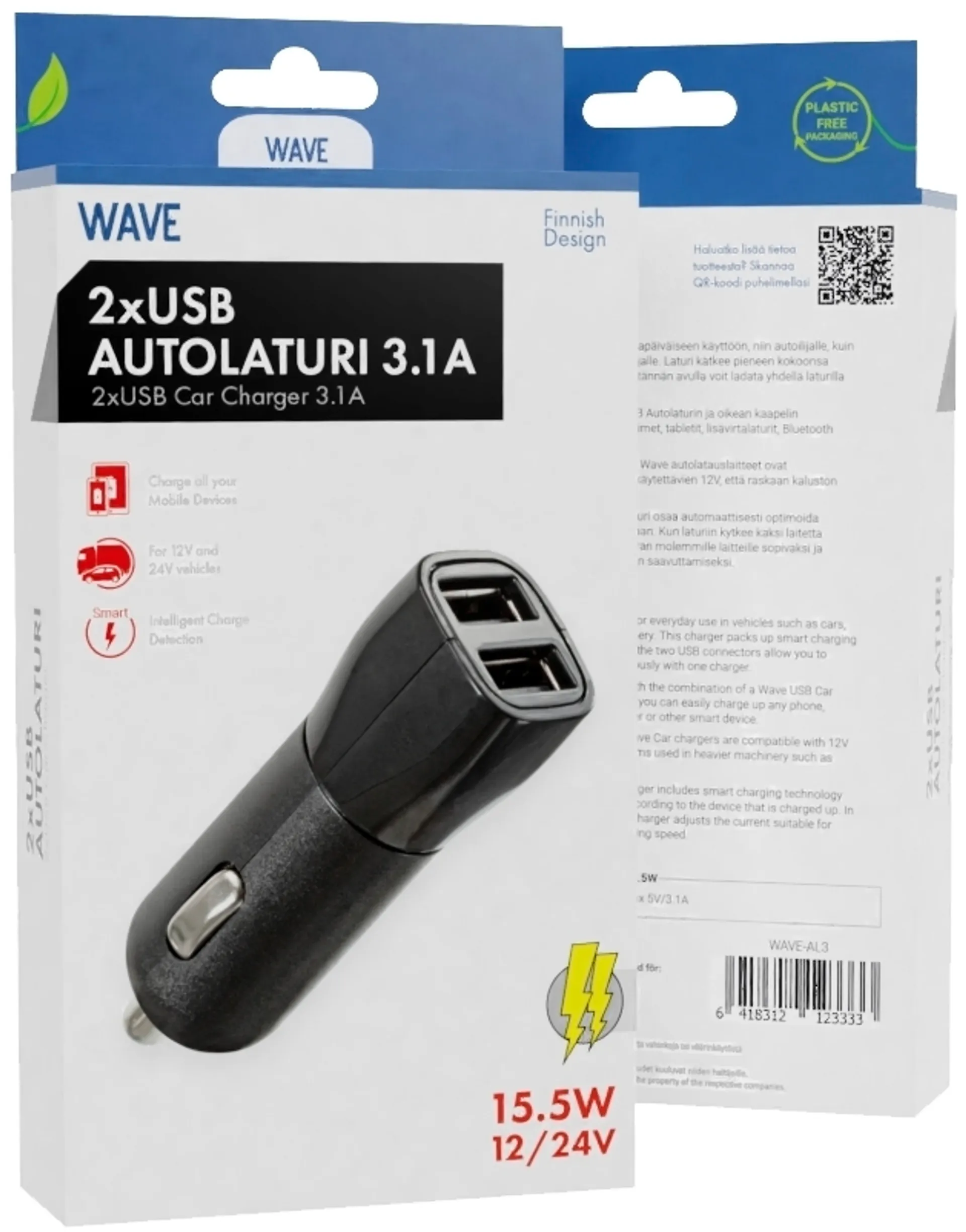 Wave Autolaturi, 2 x USB (15,5W), Musta - 2