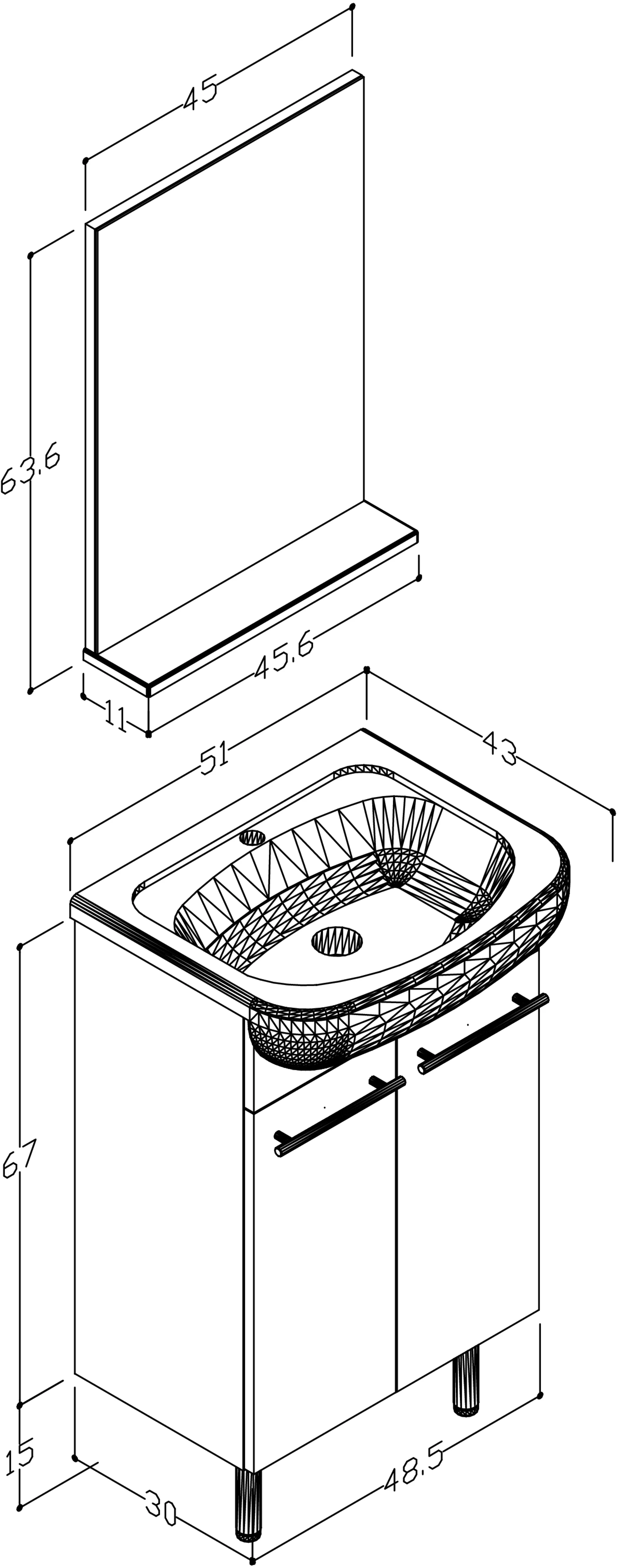 Indoor 3in1 kylpyhuonekalustesetti, sisältää allaskaapiston ovilla, posliinialtaan ja peilin hyllytasolla - 2
