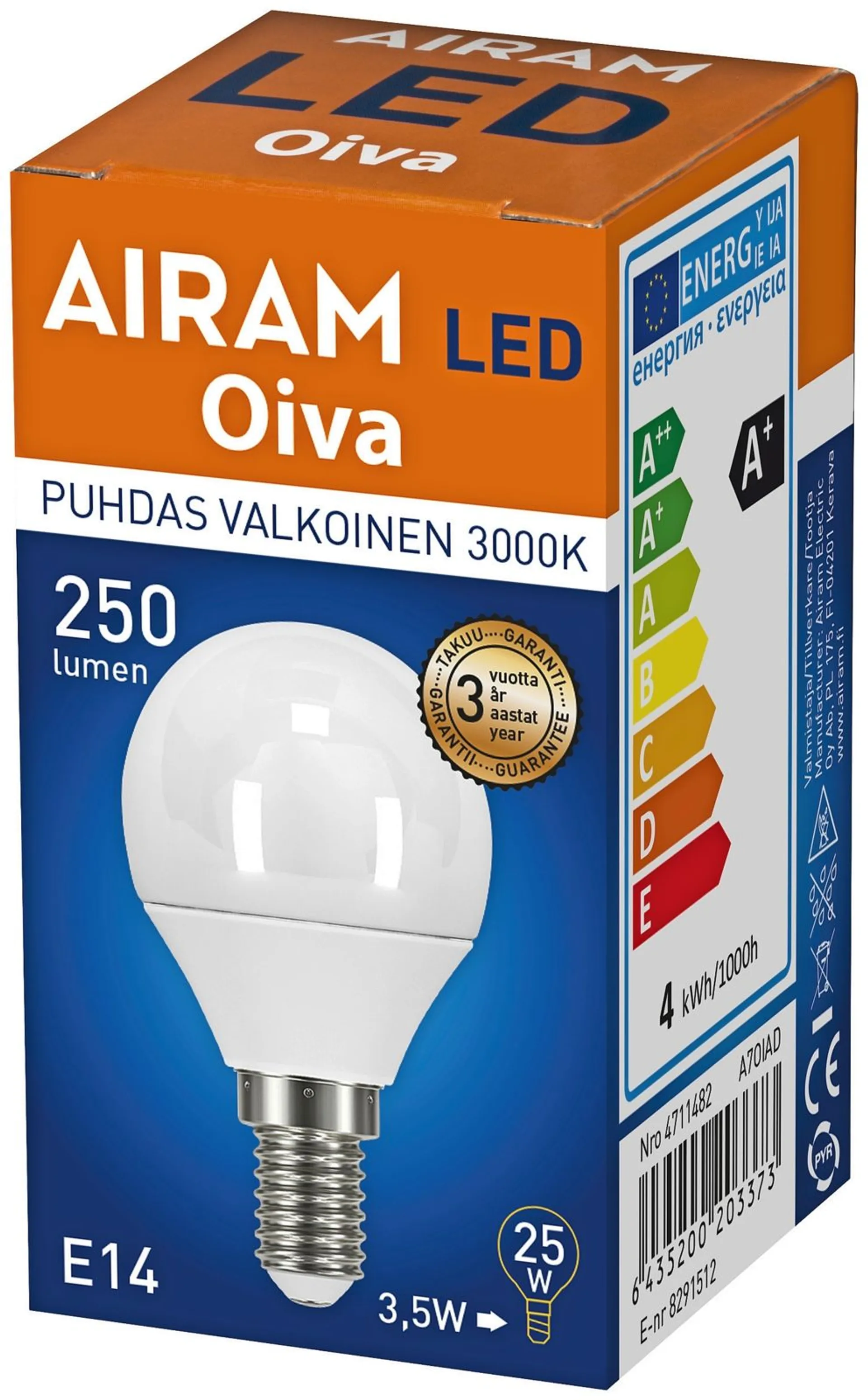 Airam Oiva LED 3W/830 E14 mainos 250lm - 2