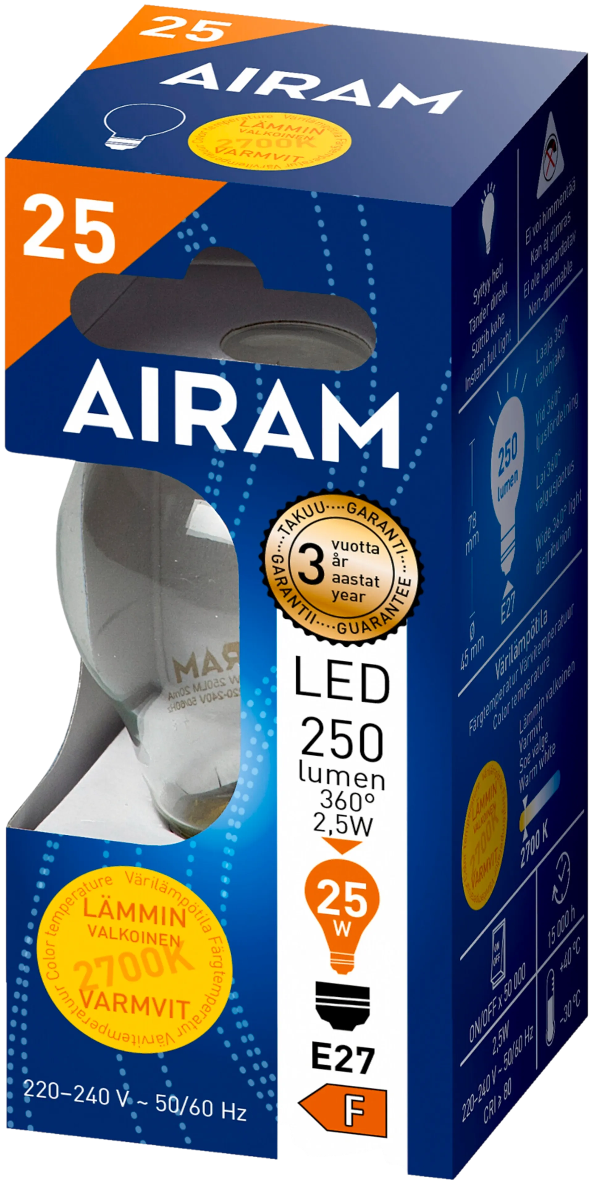 Airam LED 2,5W koriste filamentti E27 250lm 2700K - 2
