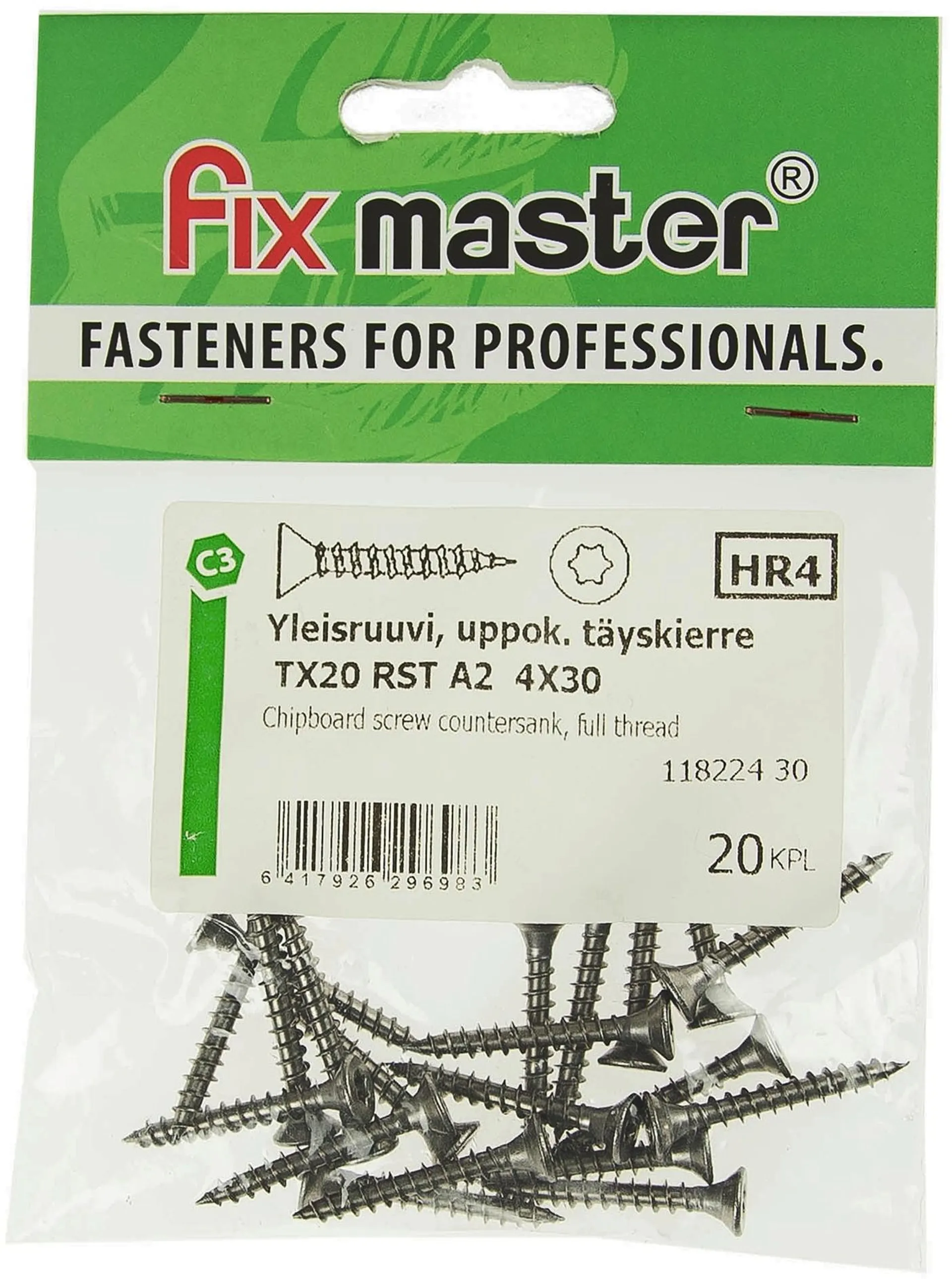 Fix Master yleisruuvi uppokanta täyskierre 4X30 A2 torx20 20kpl