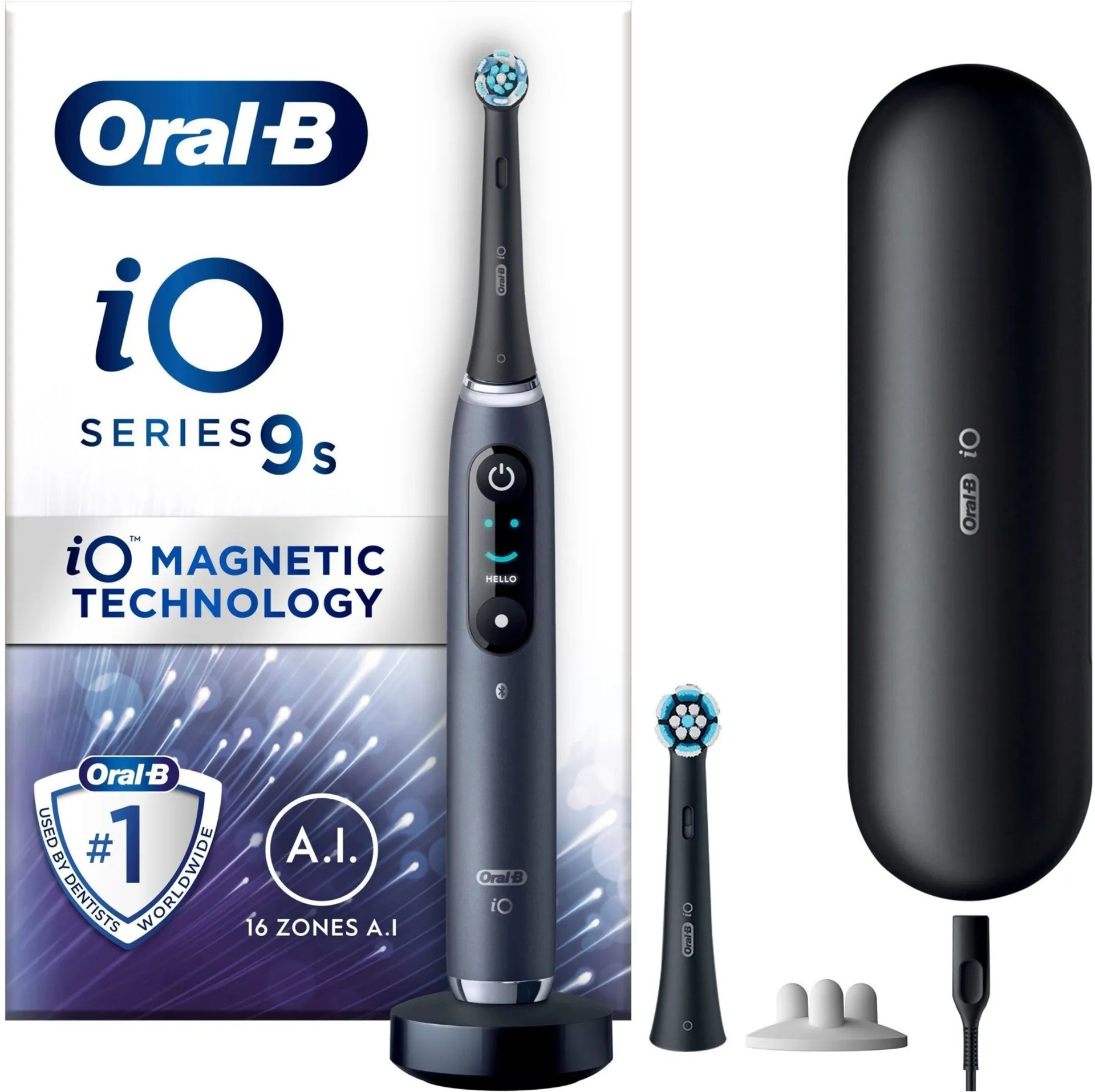 Oral-B iO 9 Black -sähköhammasharja, 2 vaihtoharjaa, 1 lataava matkakotelo, Designed by Braun - 1