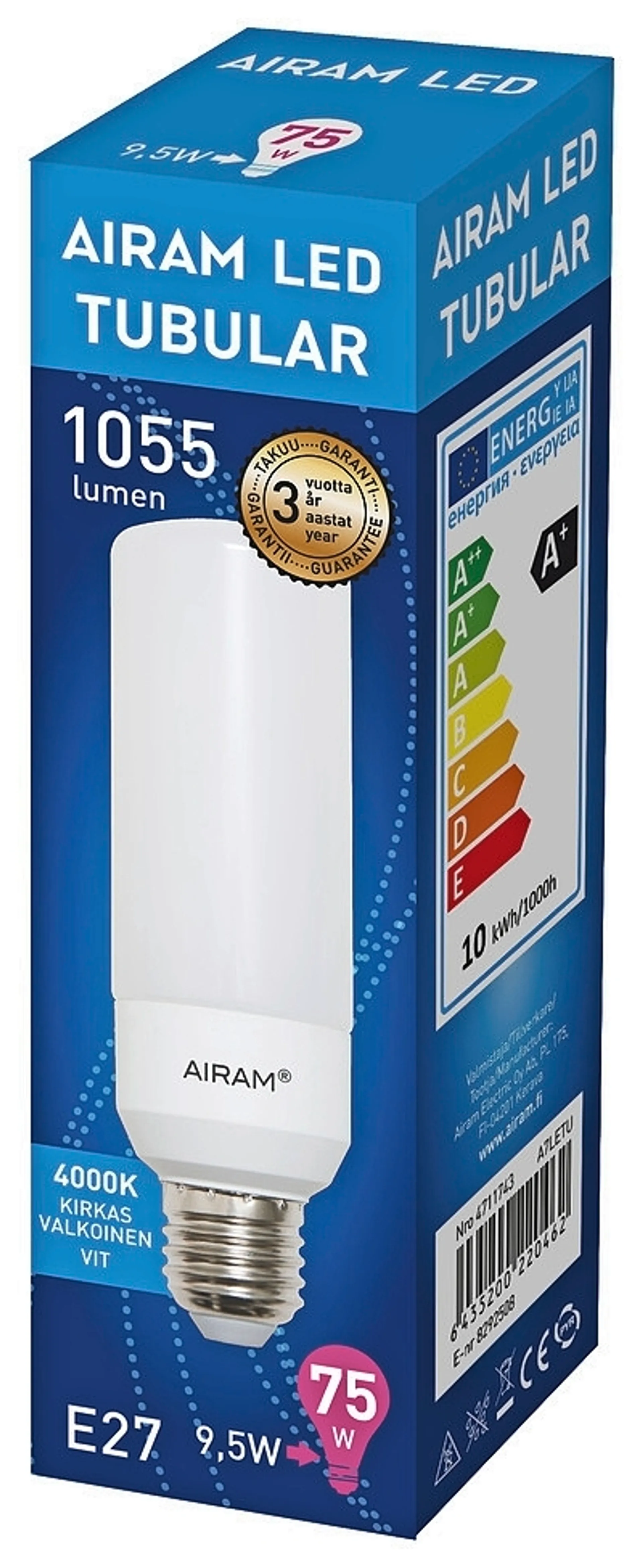 Airam LED 9,5w tubular lamppu E27 1055lm 4000k - 2