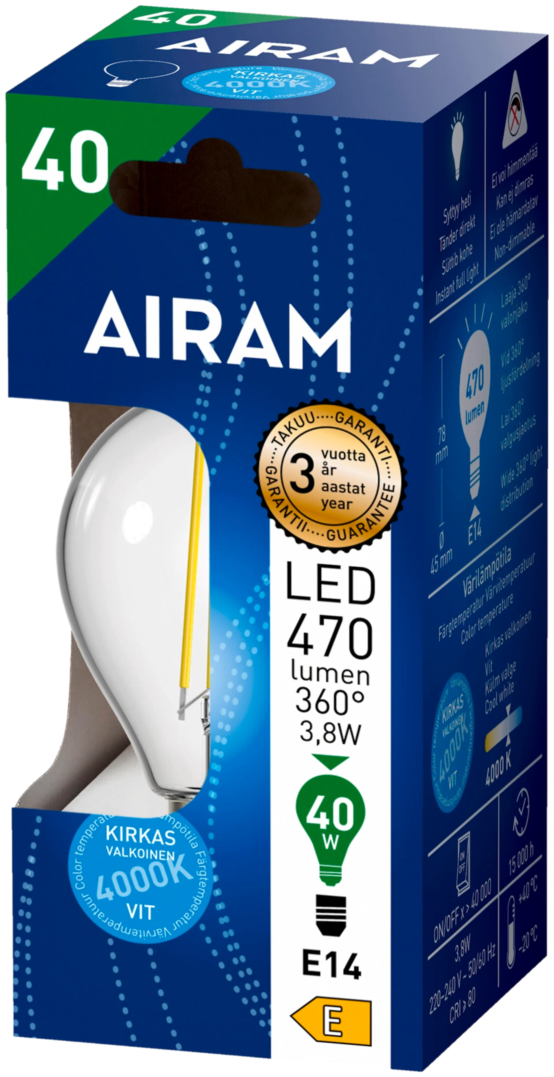 Airam LED Mainoslamppu kirkas 3,8W 4000K E14 470lm 15 000h - 2