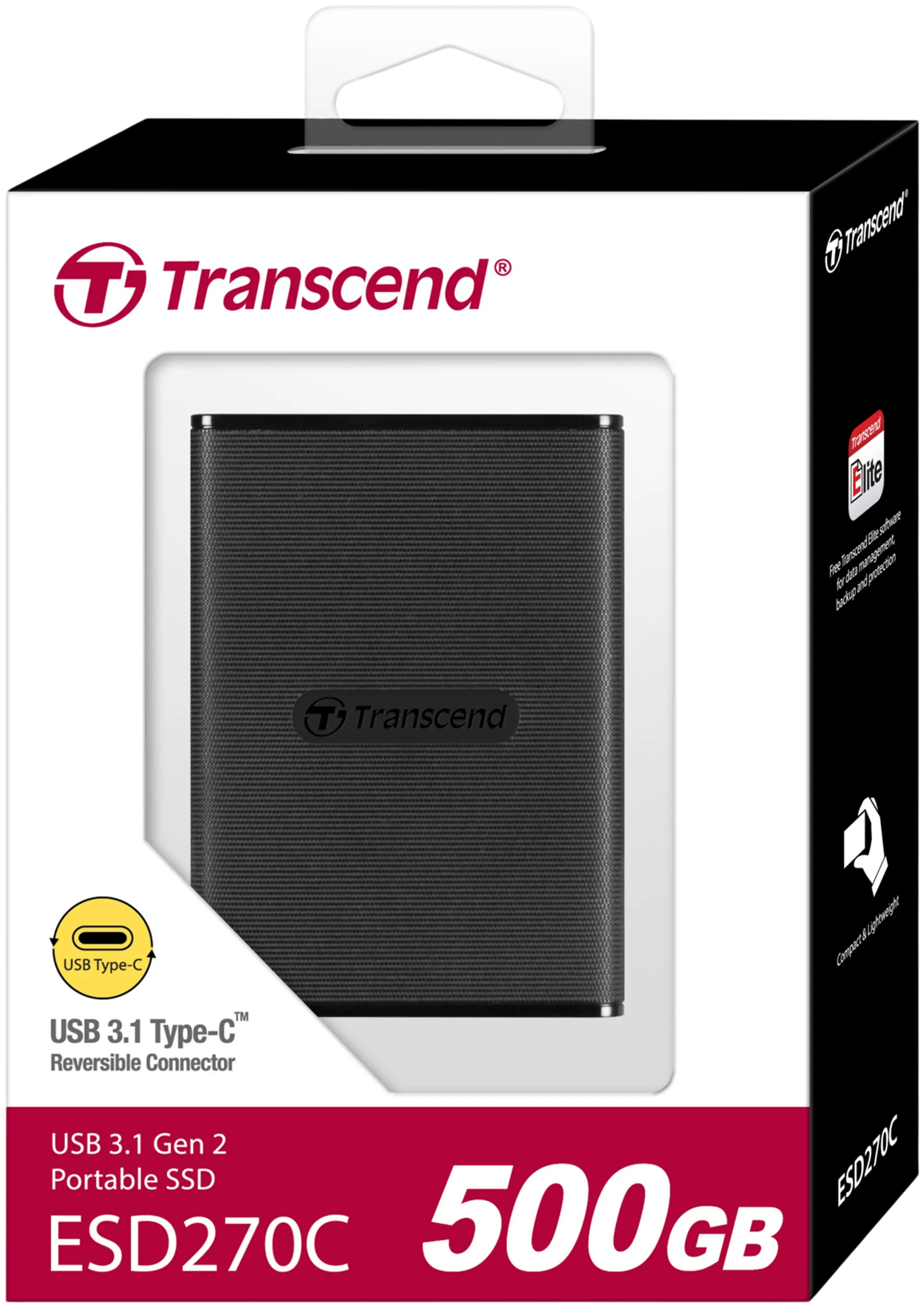 Transcend ESD270C -sarjan ulkoinen SSD kiintolevy. Kovalevyn kapasiteetti on 500GB ja se toimii USB Type-C (USB 3.1 Gen 2) liitännällä. Siirtonopeus jopa 520MB/s. - 2