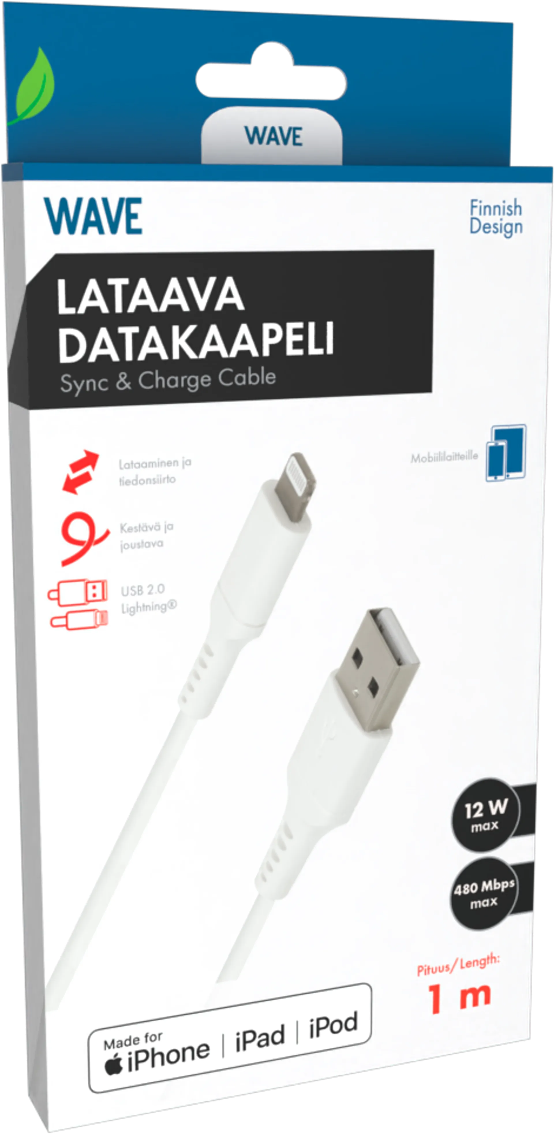 Wave Datakaapeli, Apple Lightning (MFI), 1m, Valkoinen - 1