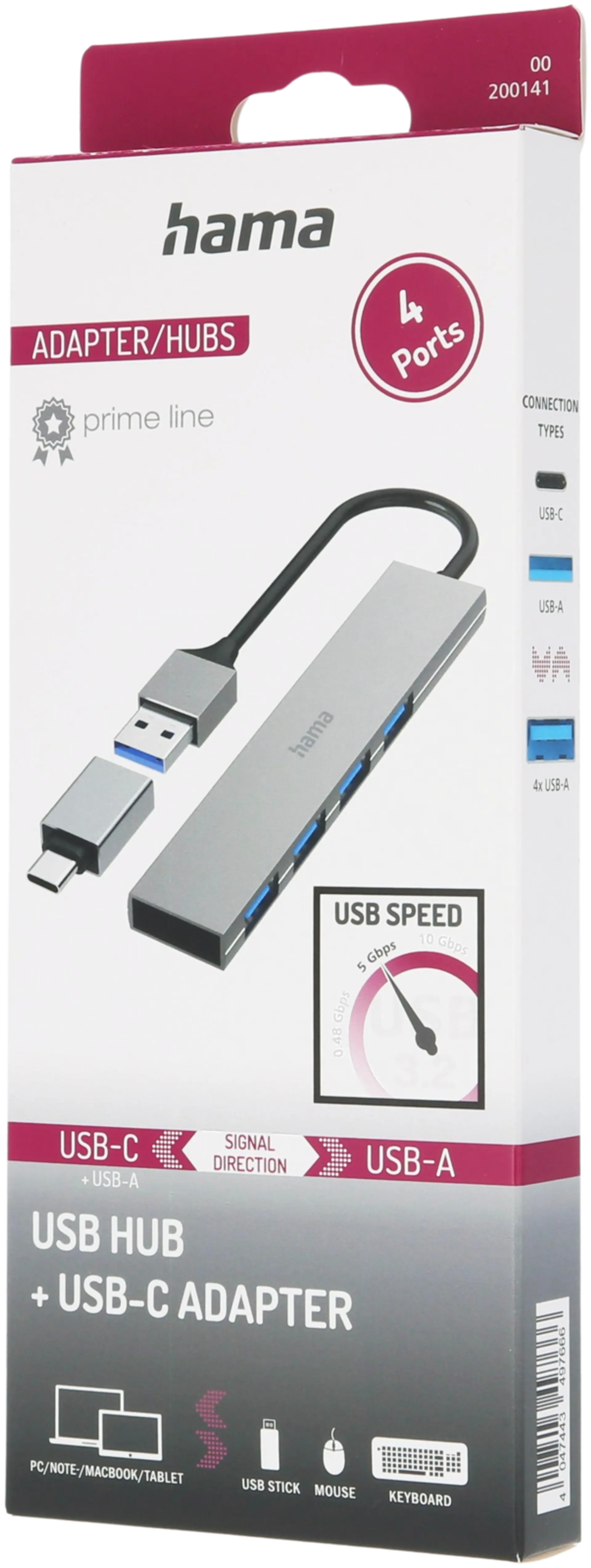 Hama USB-hubi, 4-porttinen, USB-A uros, USB-C adapteri, 4 x USB-A, USB 3.2 Gen 1, 5 Gbit/s, Ultra-slim, 0,15 m - 6