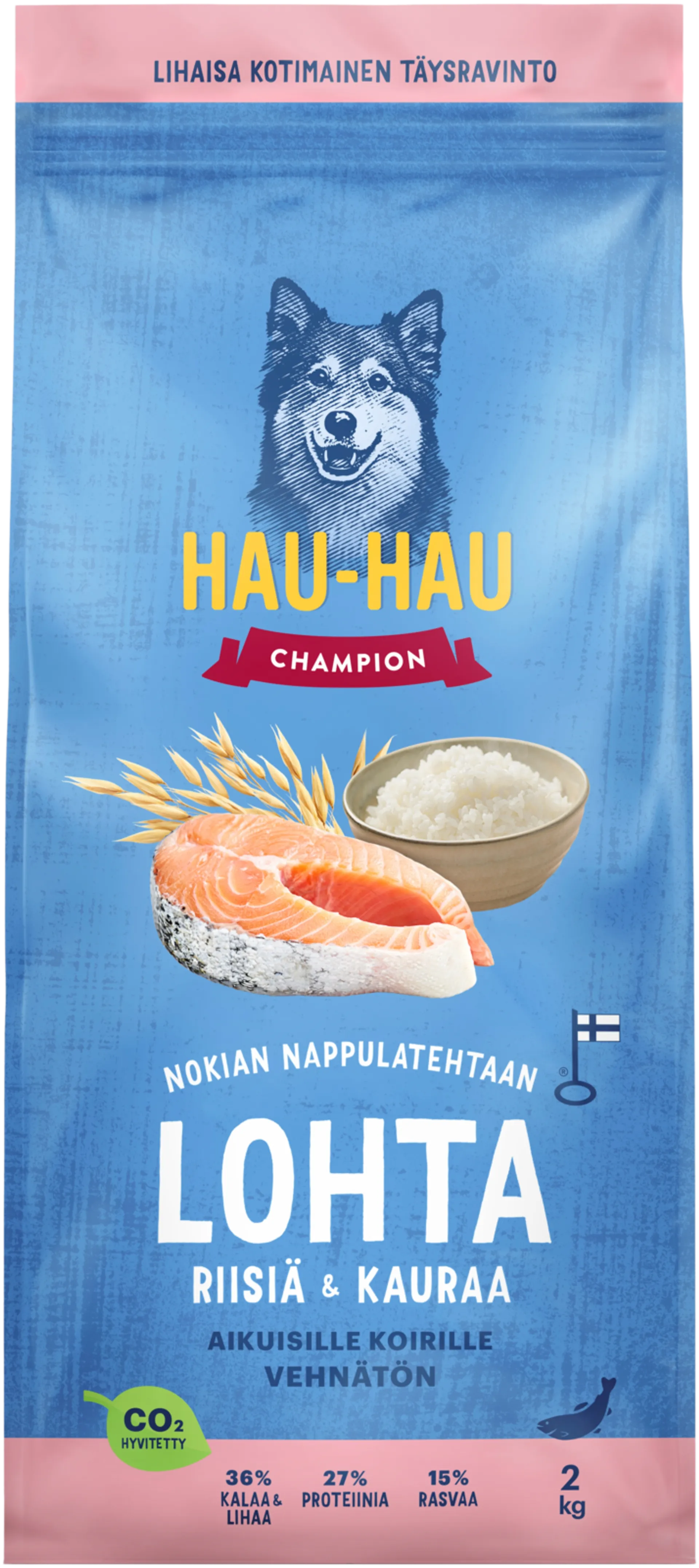 Hau-Hau Champion Nokian Nappulatehtaan Lohta, riisiä & kauraa täysravinto aikuisille koirille 2 kg