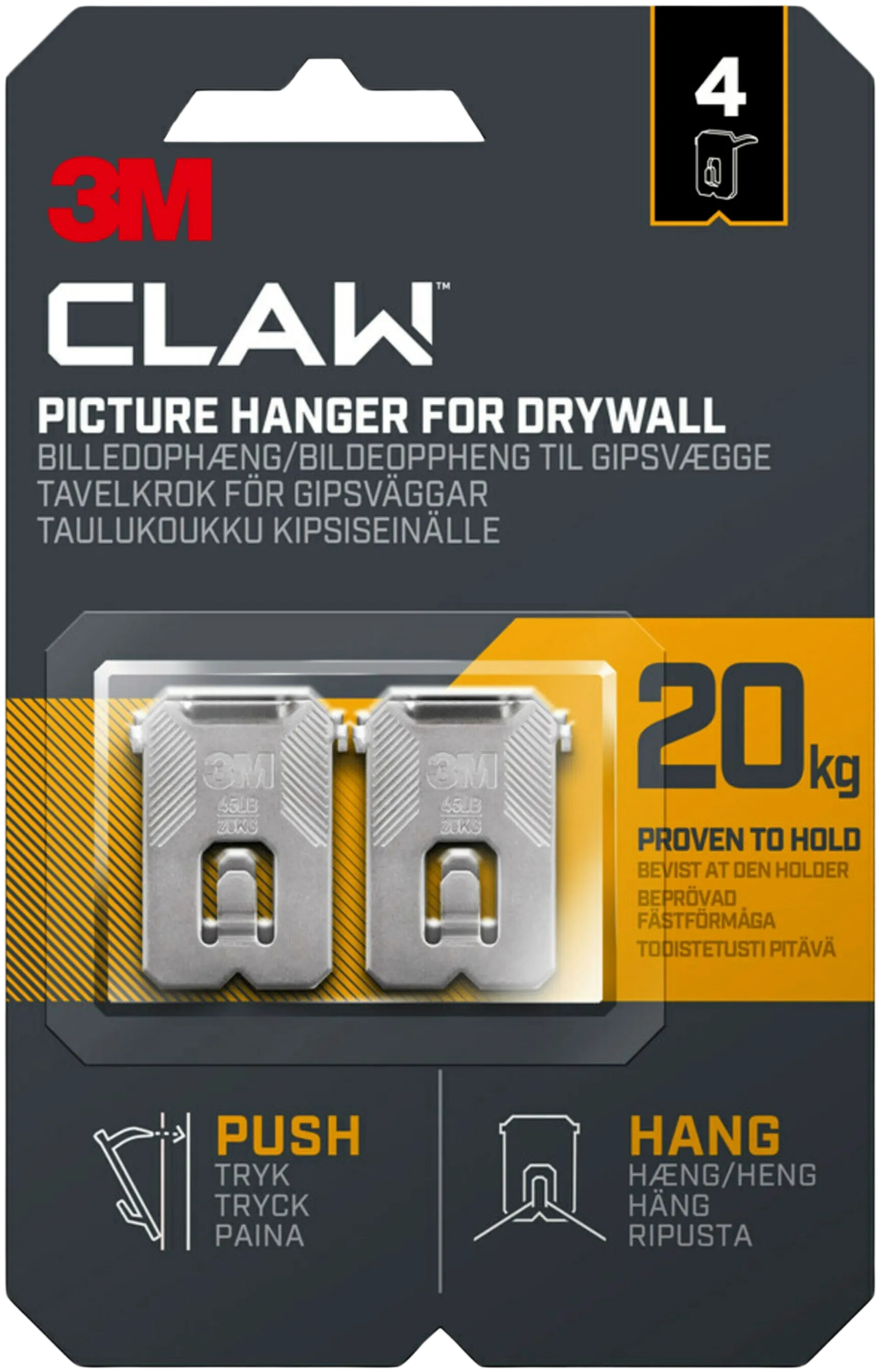 3M CLAW™-taulukoukku kipsilevylle, 20 kg 3PH20-4UKN, 4 ripustuskoukkua - 1