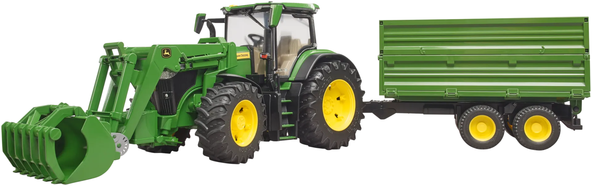 Bruder John Deere 7R 350 traktori etukuormaajalla ja perävaunulla - 1