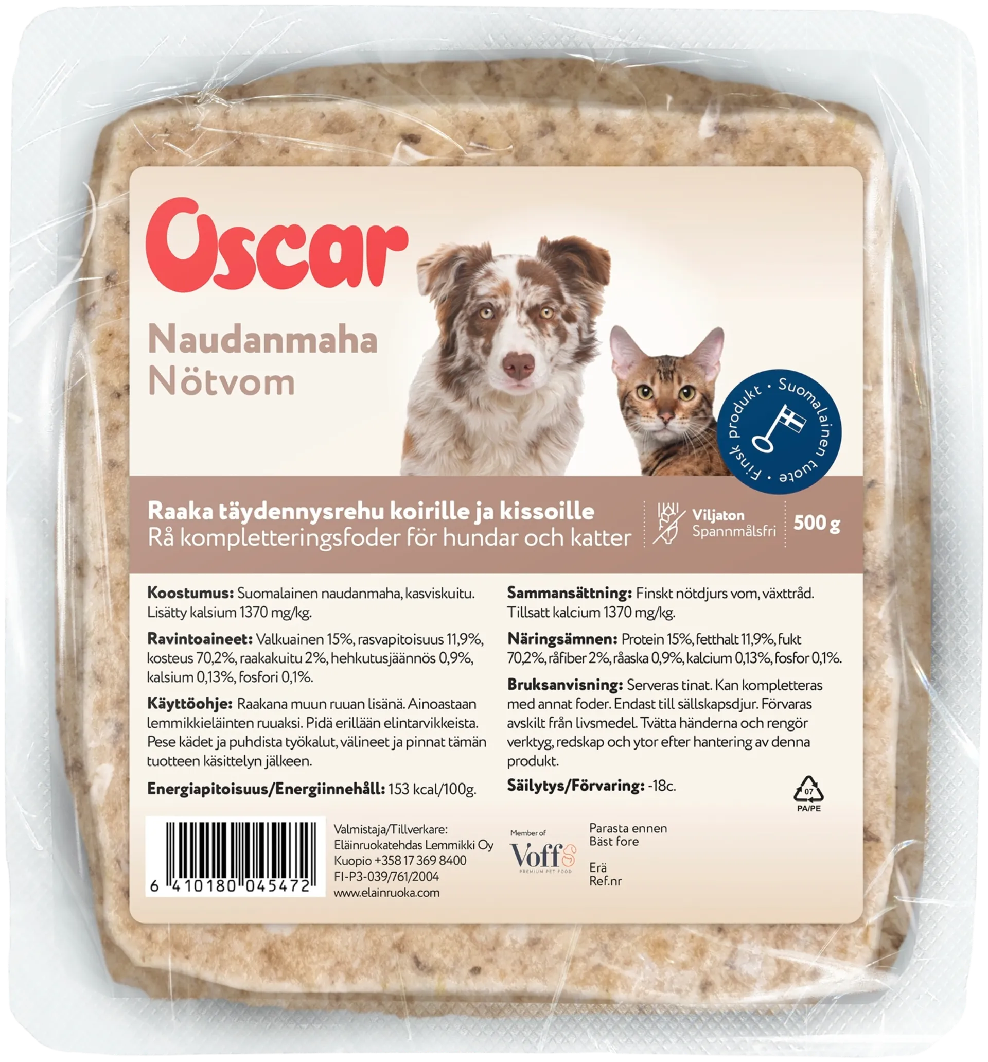 Oscar Naudanmaha raaka täydennysravinto koirille ja kissoille 500g