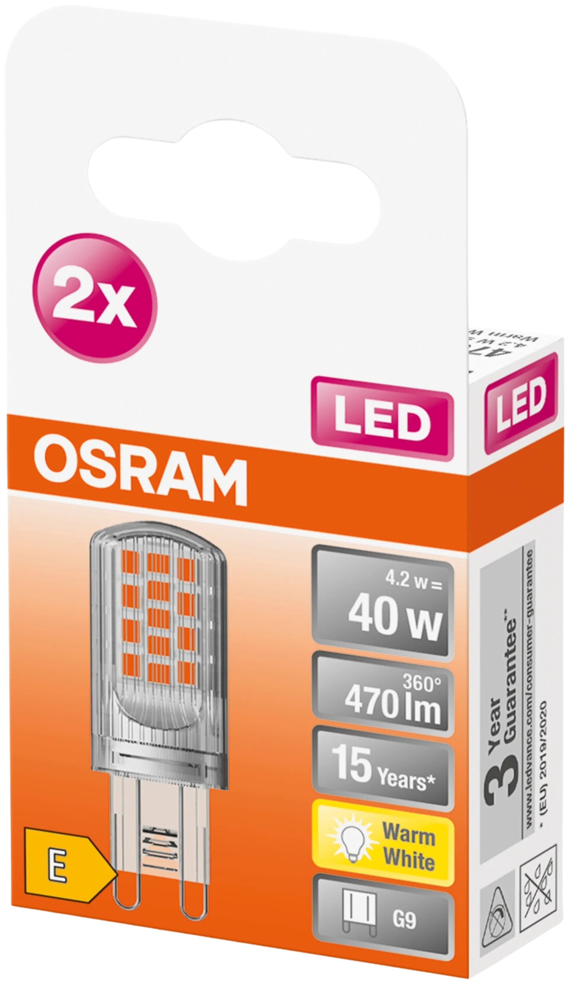 Osram LED PIN 4,2W/2700K G9 ei-himmennettävä kirkaskupuinen LED-pienoislamppu. Kupu muovia. Valovirta 470 lm (vastaa 40 W:n hehkulamppua). Pakkaus sisältää kaksi lamppua. - 3