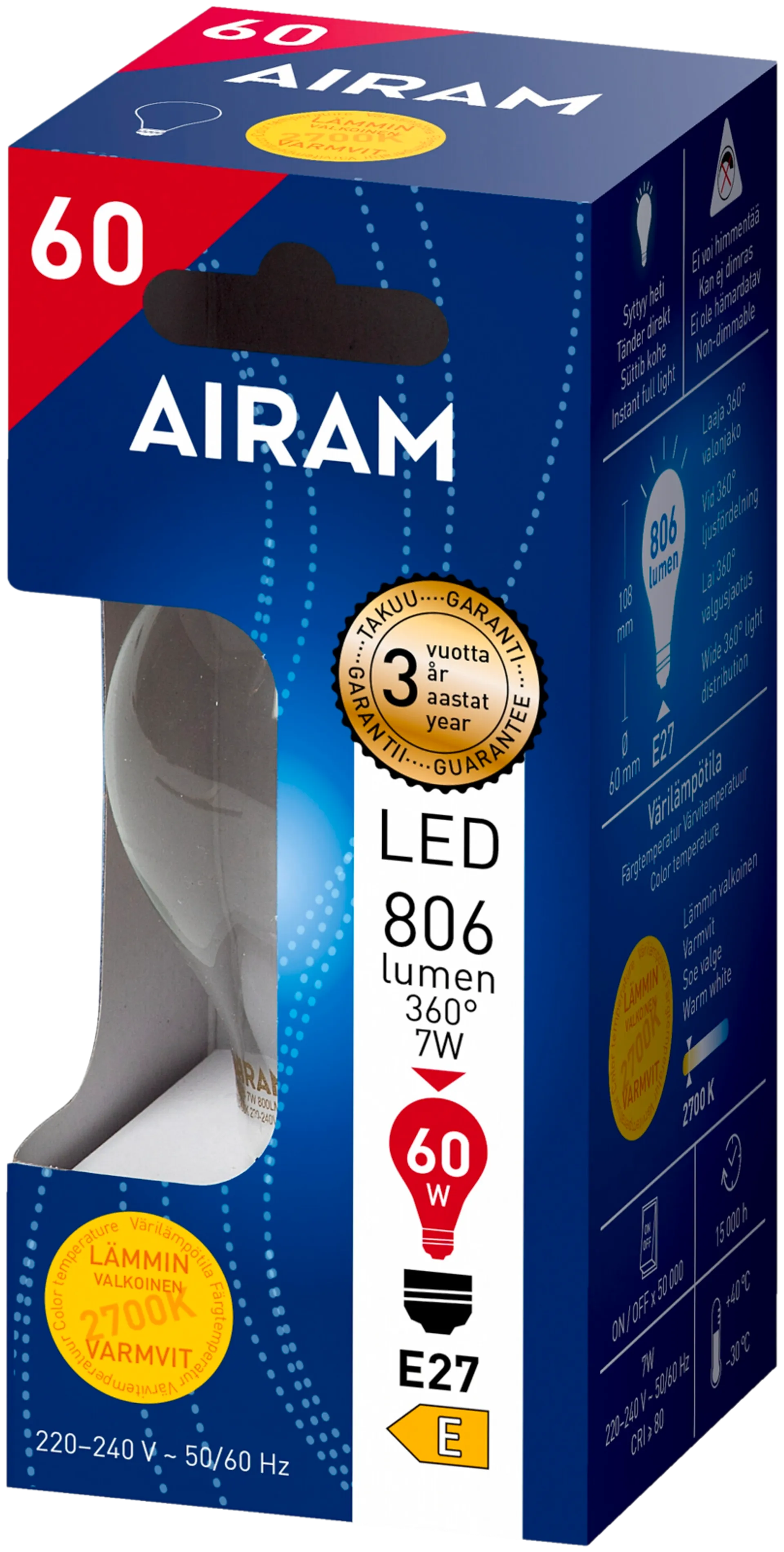 Airam LED 7W vakiolamppu filamentti E27 806lm 2700K - 2