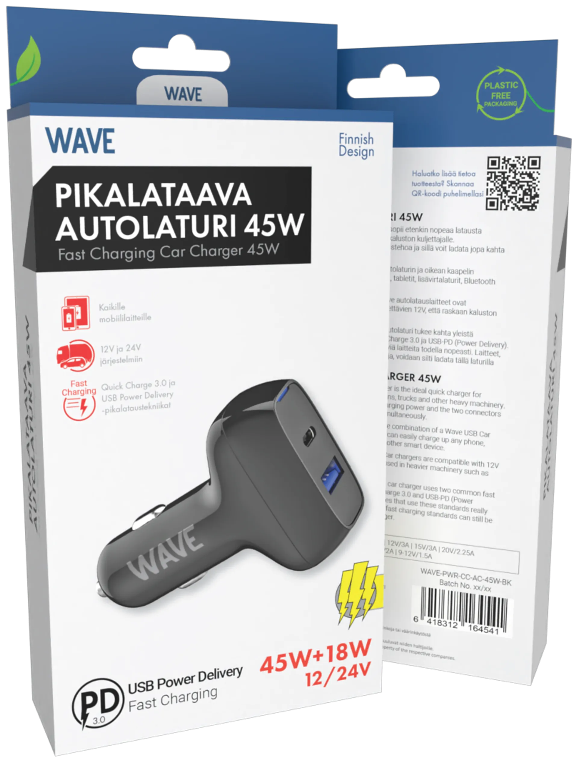 Wave 45W Pikalataava autolaturi, 1 x USB Type-C + 1 x USB-A (45W+18W), Musta - 3