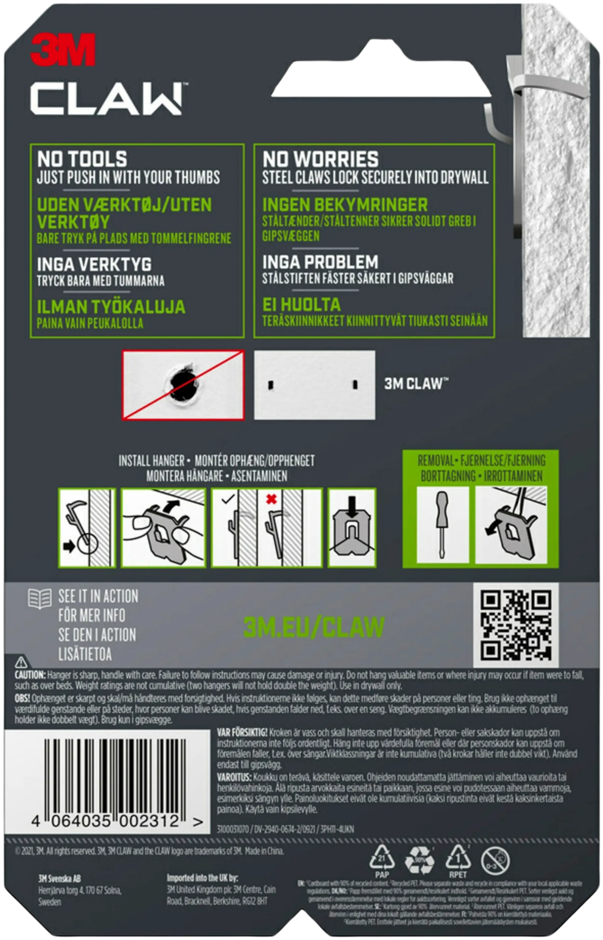 3M CLAW™-taulukoukku kipsilevylle, 11 kg 3PH11-4UKN, 4 ripustuskoukkua - 12