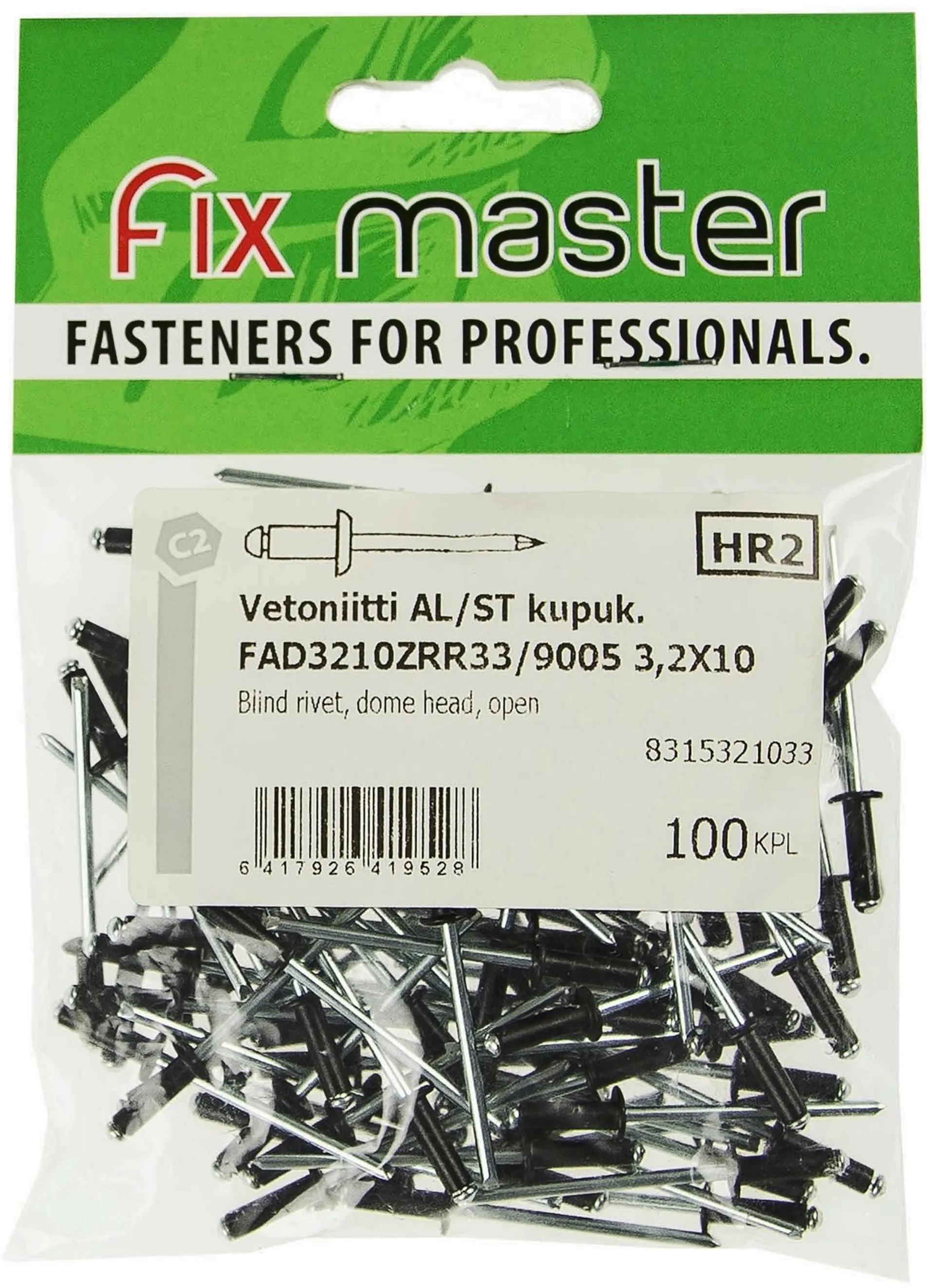 Fix Master vetoniitti alumiini kupukanta 3,2X10 musta 100kpl