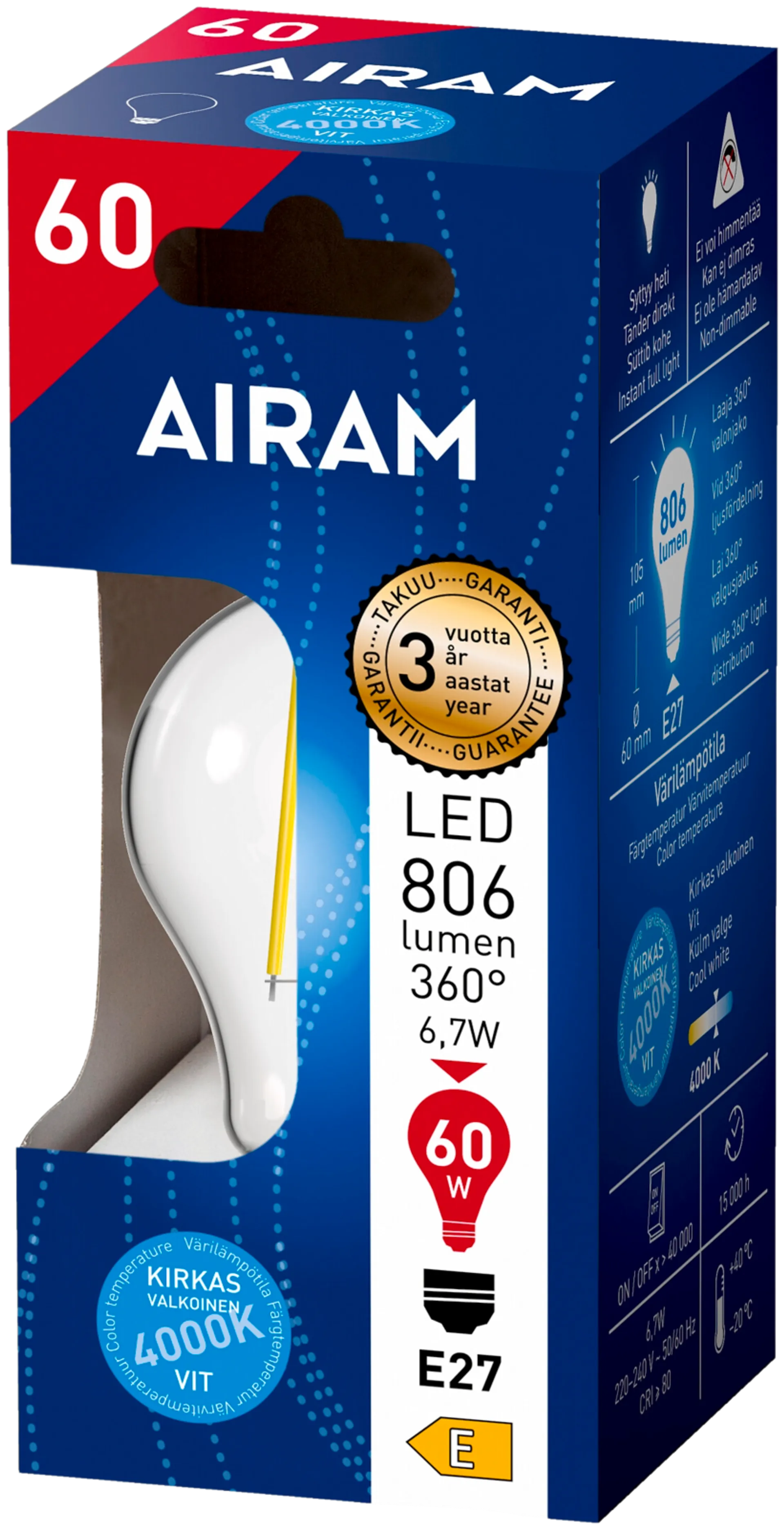 Airam LED Vakio 6,7W 806lm 4000K E27 kirkas - 2