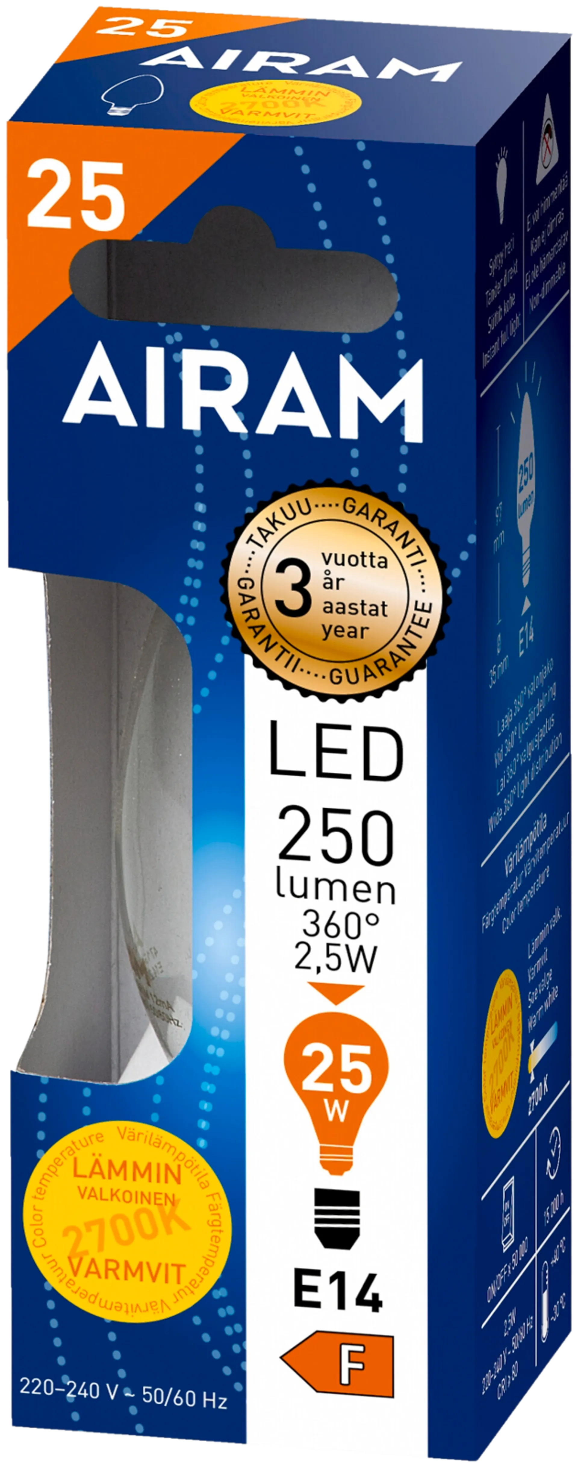 Airam LED 2,5W kynttilä filamentti E14 250lm 2700K - 2