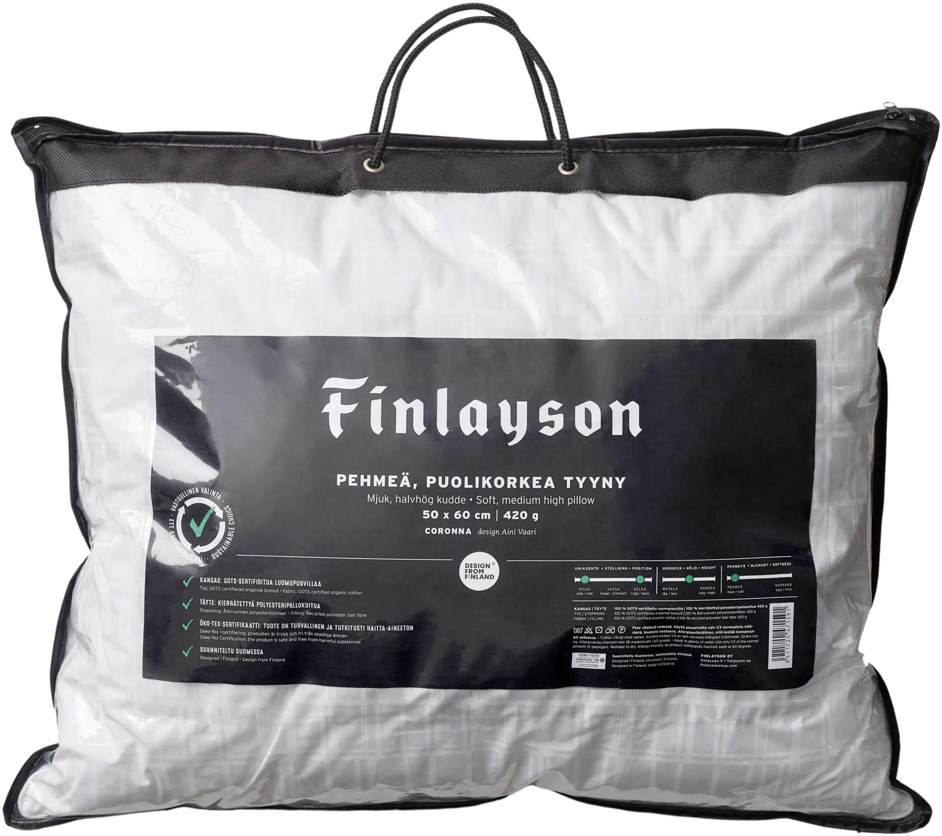 Finlayson tyyny Premium Coronna puolikorkea pehmeä 50x60cm valkoinen - 3