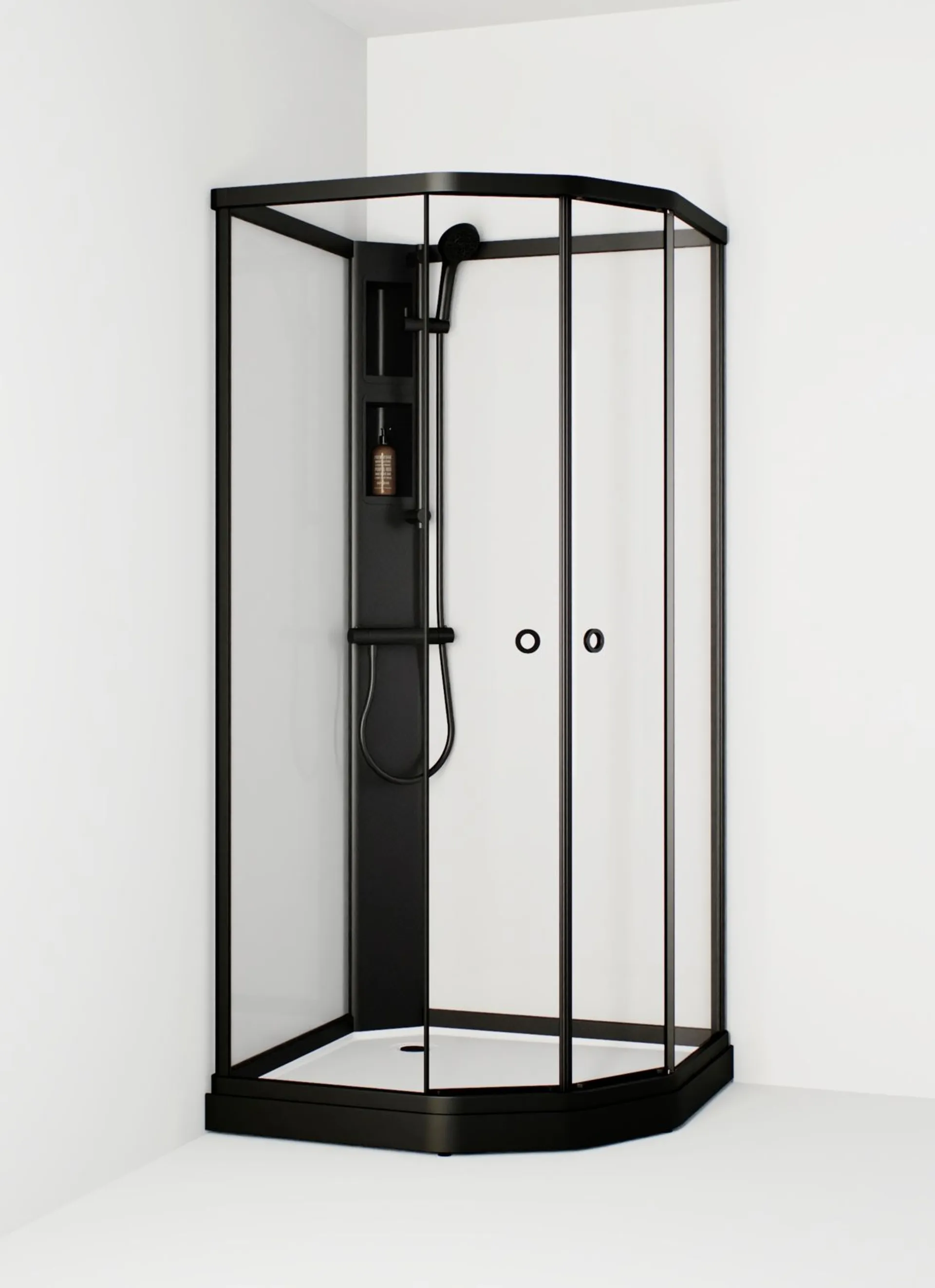 Indoor suihkukaappi Macro Flow Semi Standard 91x91cm, kirkkaat lasit, mustat profiilit.