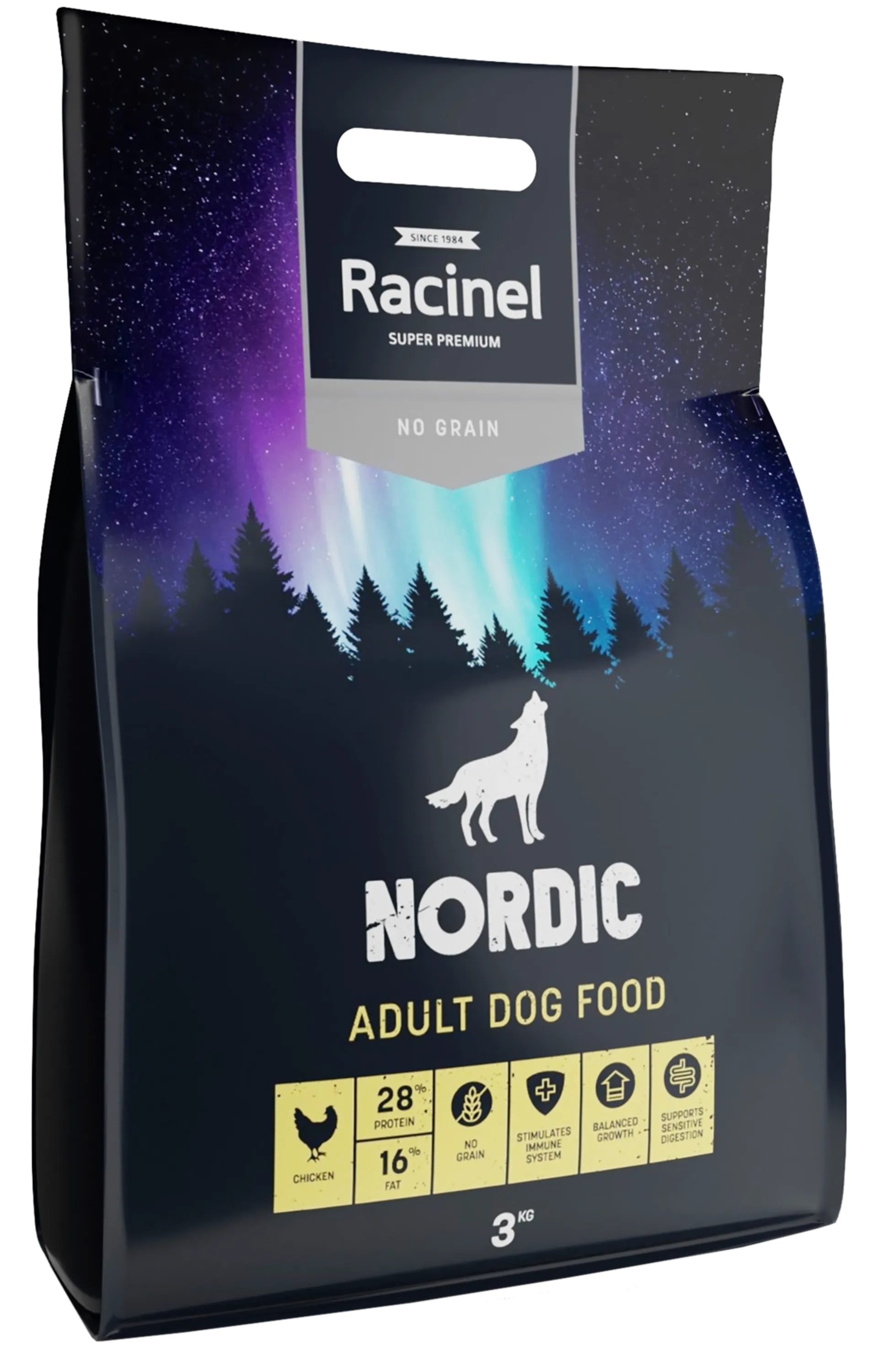 Racinel Nordic adult chicken täysravinto kanasta kaikille aikuisille koirille 3 kg