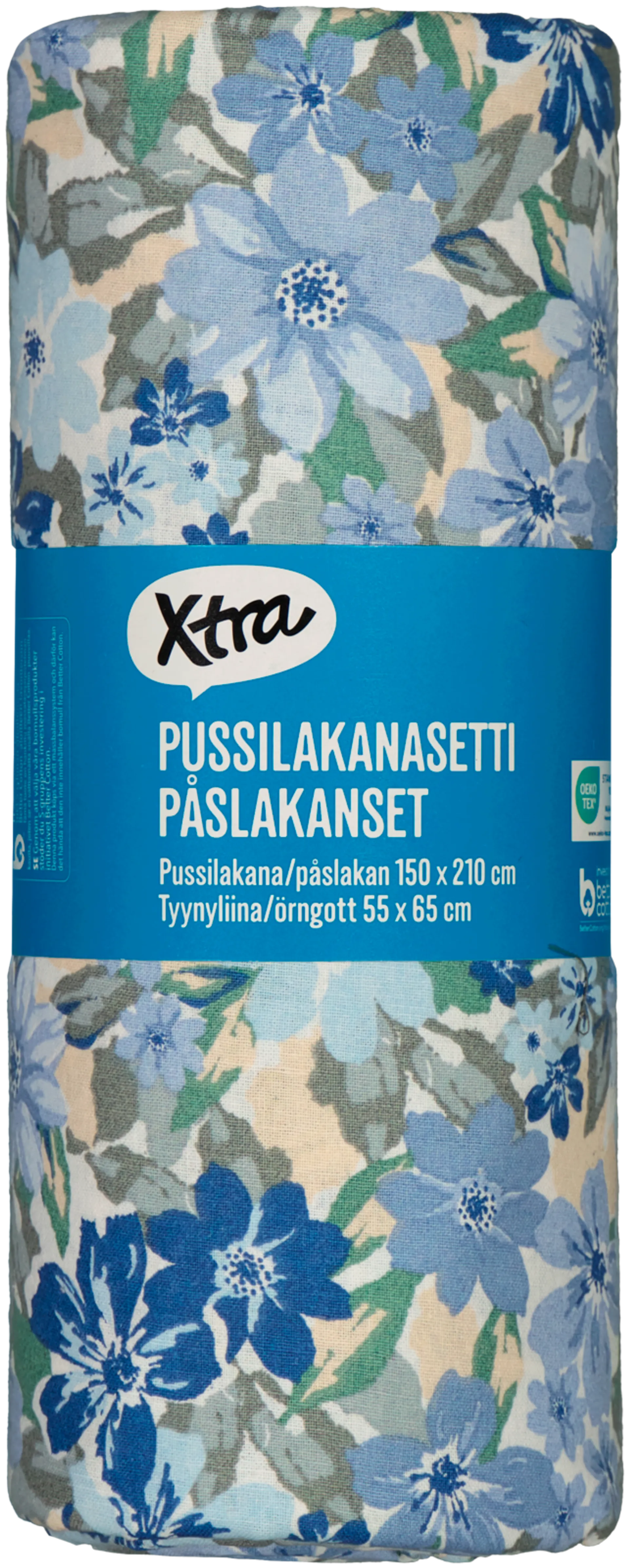 Xtra pussilakanasetti Flowers 150x210 cm, sininen/vihreä - 2