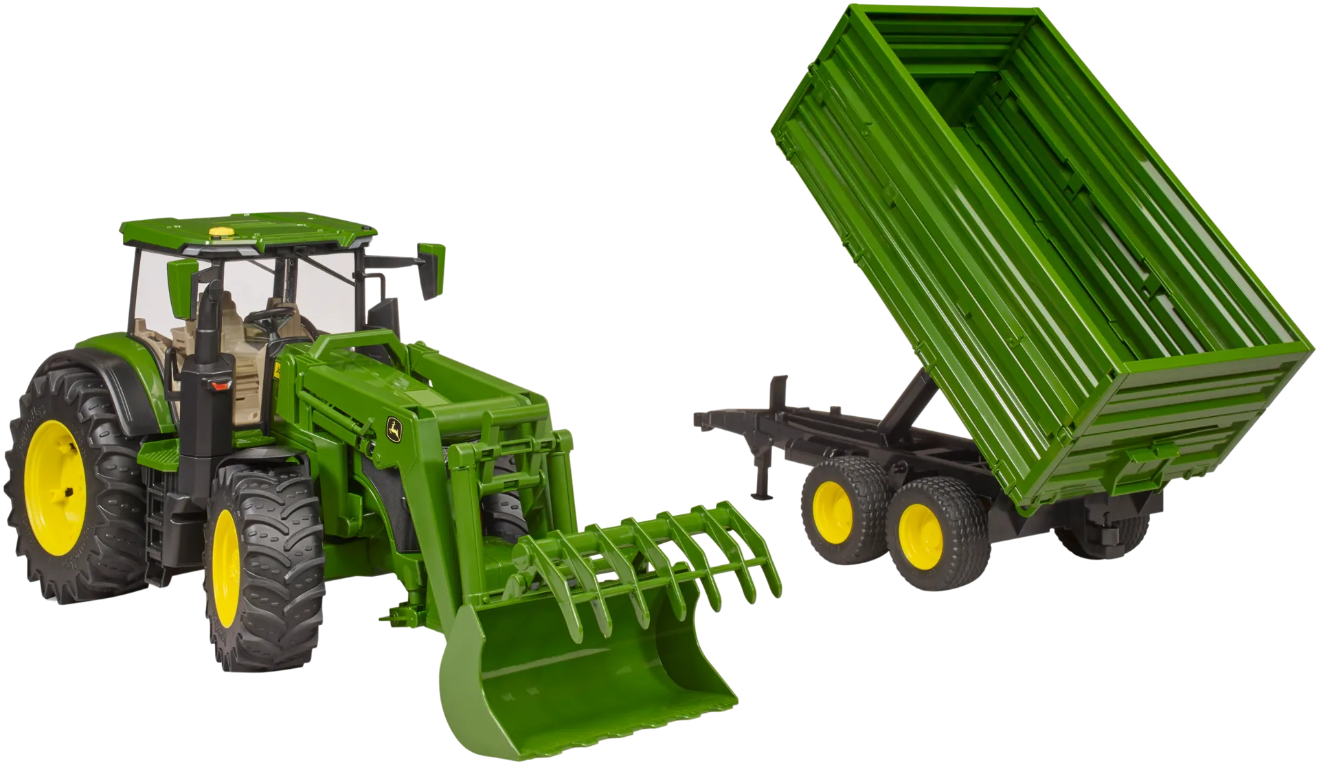 Bruder John Deere 7R 350 traktori etukuormaajalla ja perävaunulla - 6