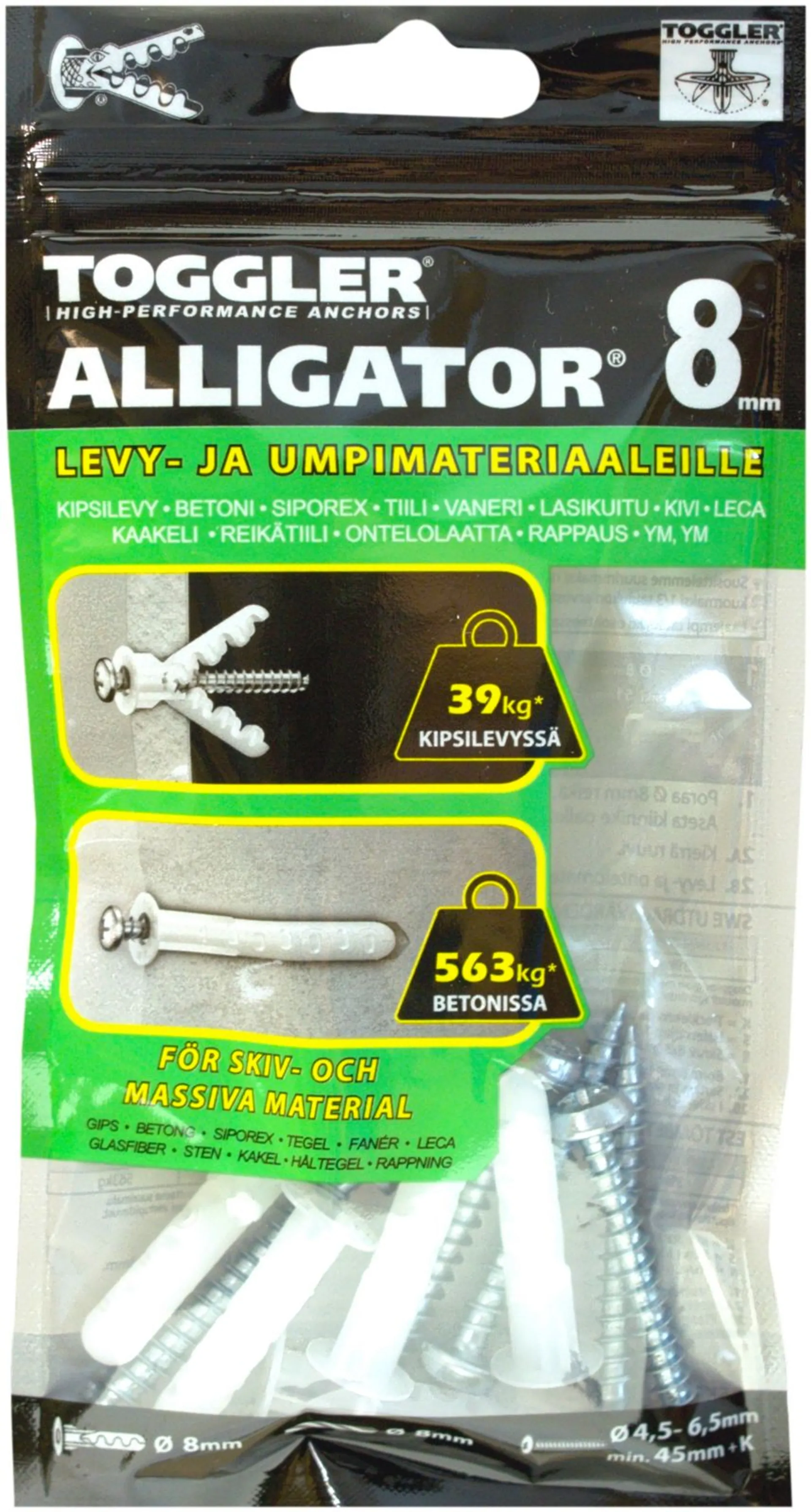 Toggler Alligator AF8-5 kiinnike laipalla 8mm 5kpl + ruuvit - 1